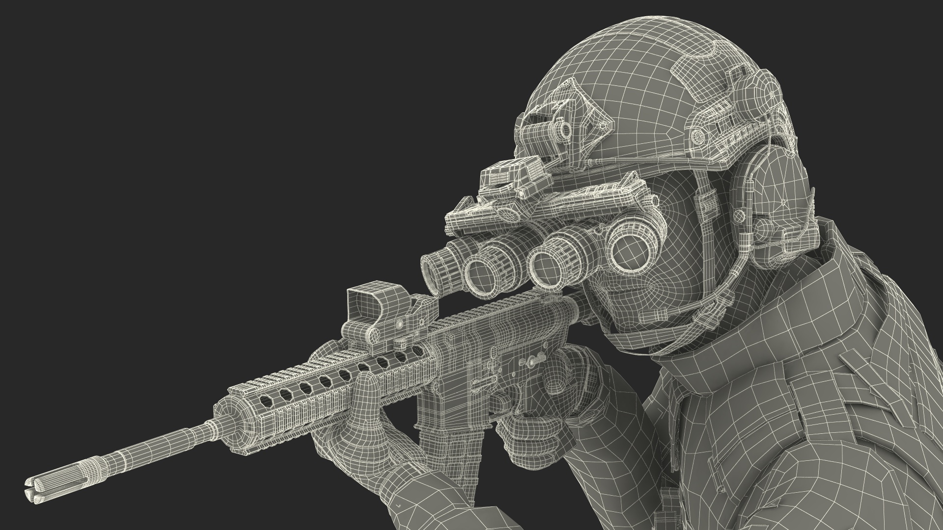 3D model Soldier in Green Camo with Night Vision Aiming Fur