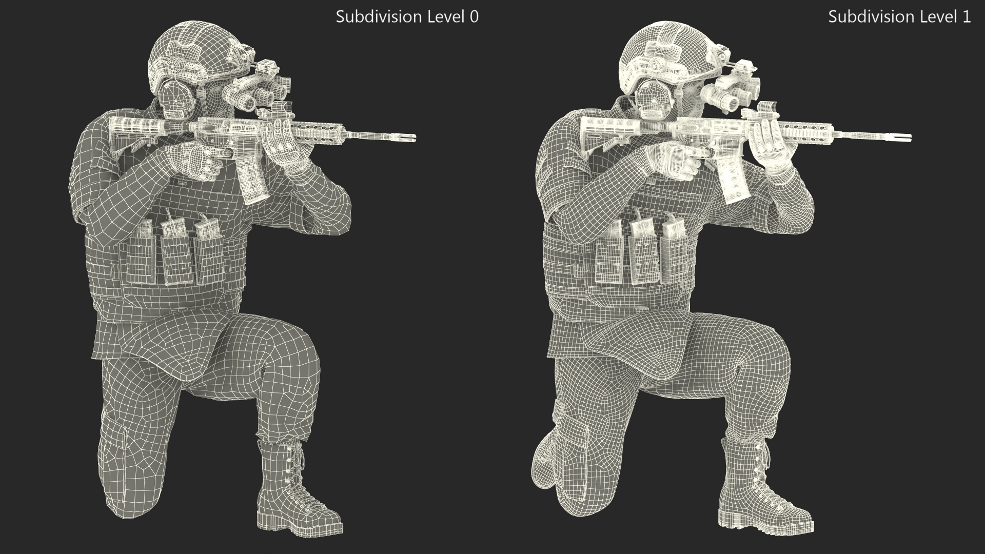 3D model Soldier in Green Camo with Night Vision Aiming Fur