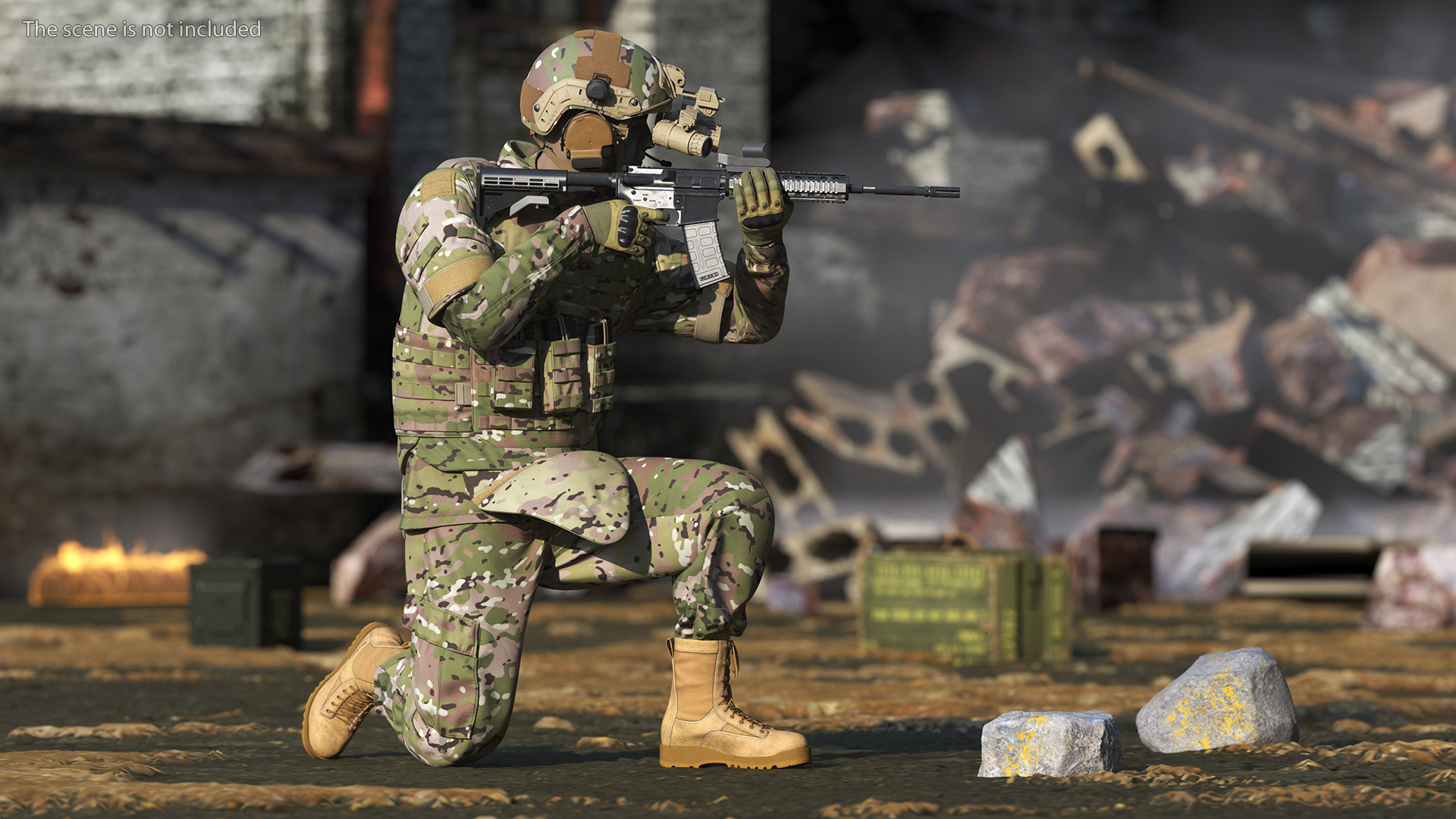 3D model Soldier in Green Camo with Night Vision Aiming Fur