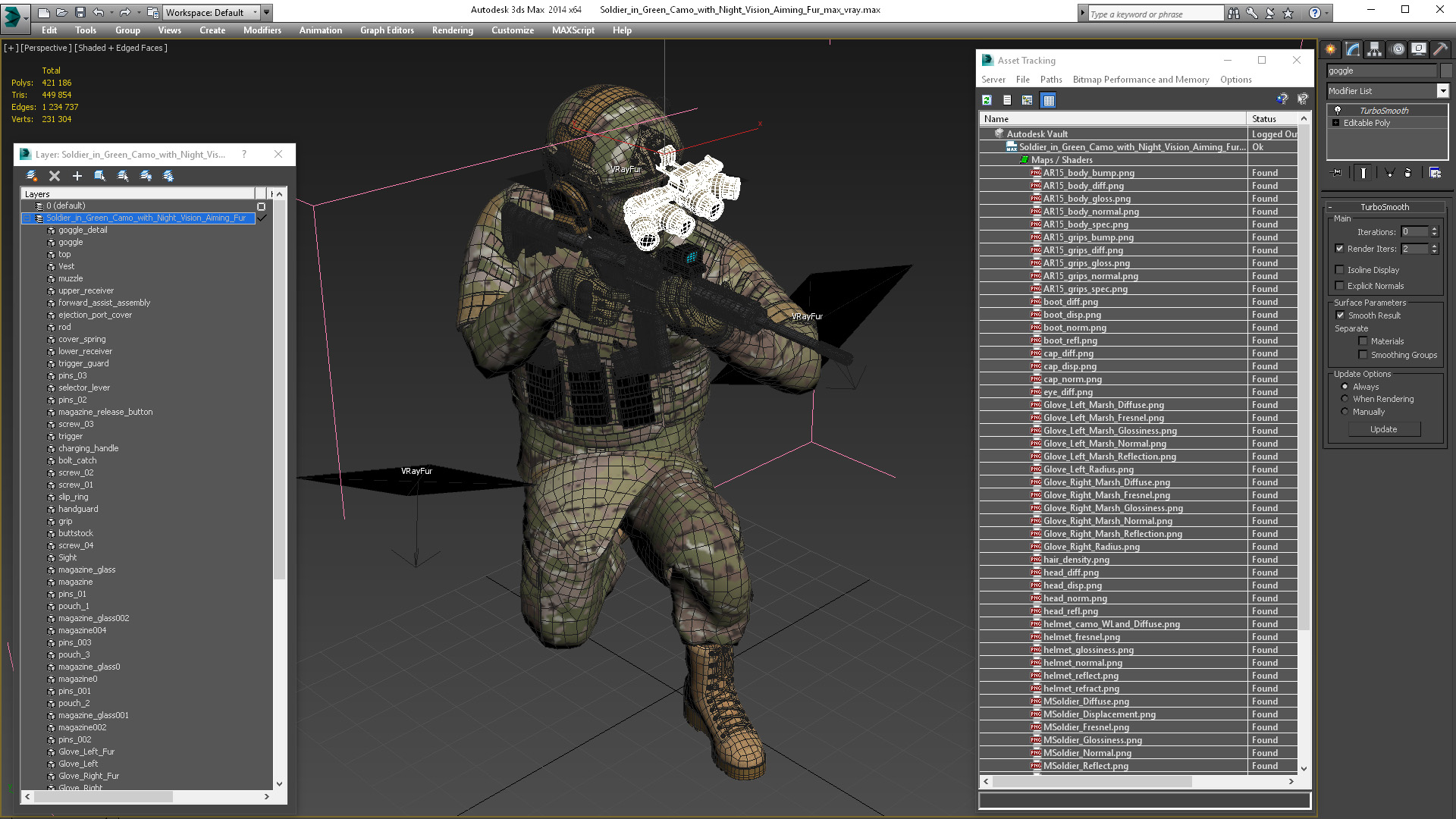 3D model Soldier in Green Camo with Night Vision Aiming Fur