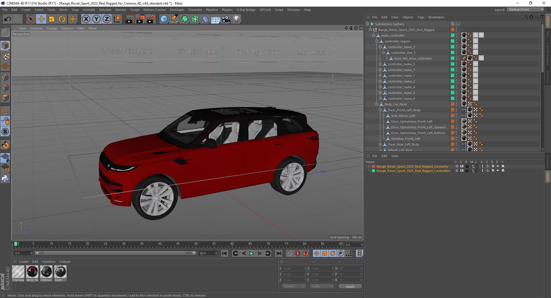 Range Rover Sport 2023 Red Rigged for Cinema 4D 3D