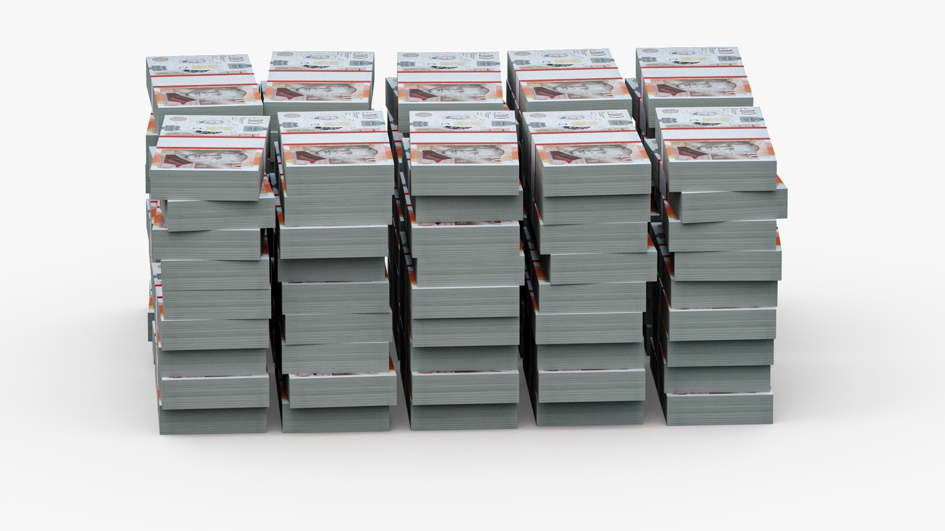 Stacked UK 10 Pounds Currency Bundles 3D