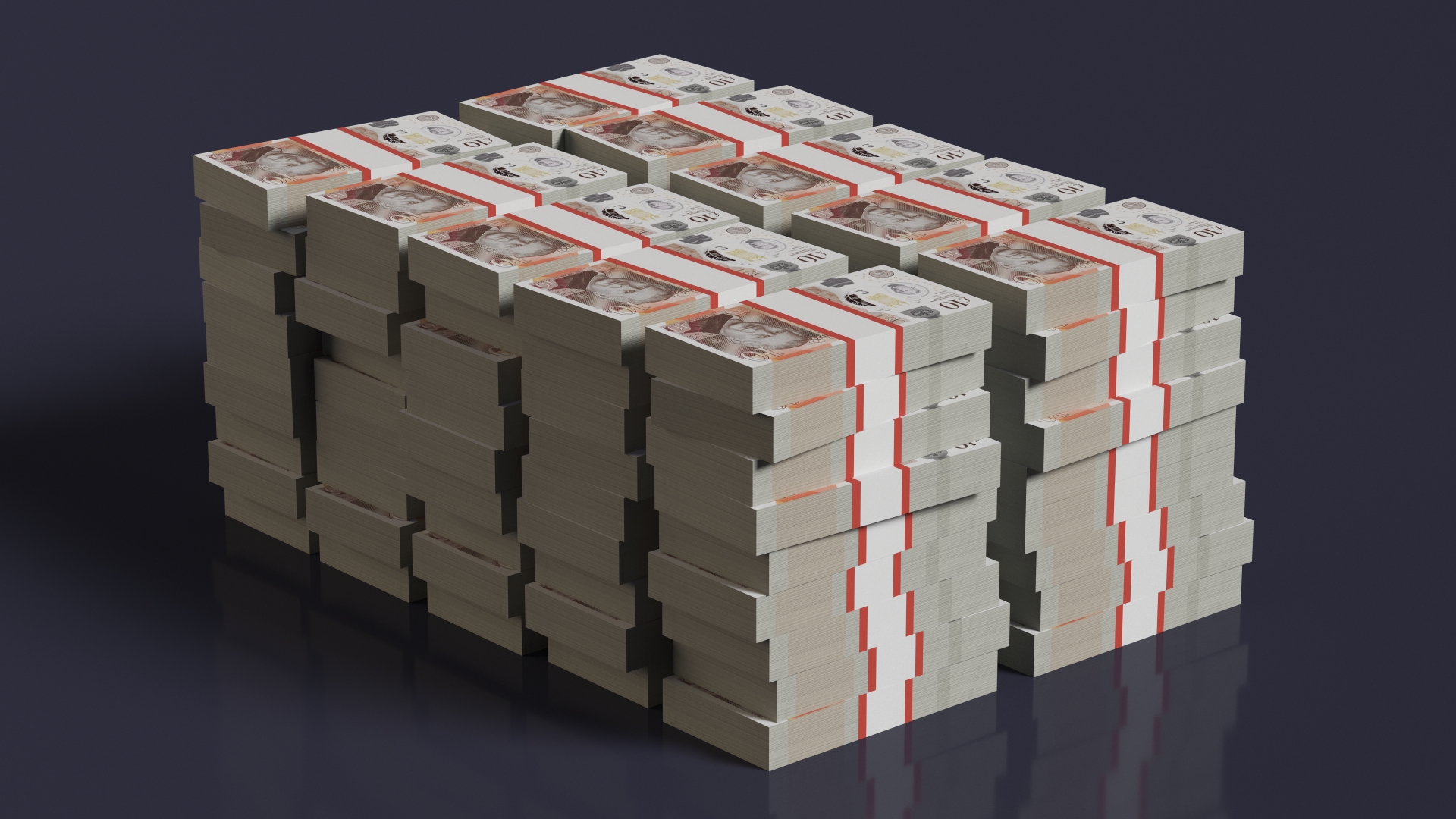 Stacked UK 10 Pounds Currency Bundles 3D