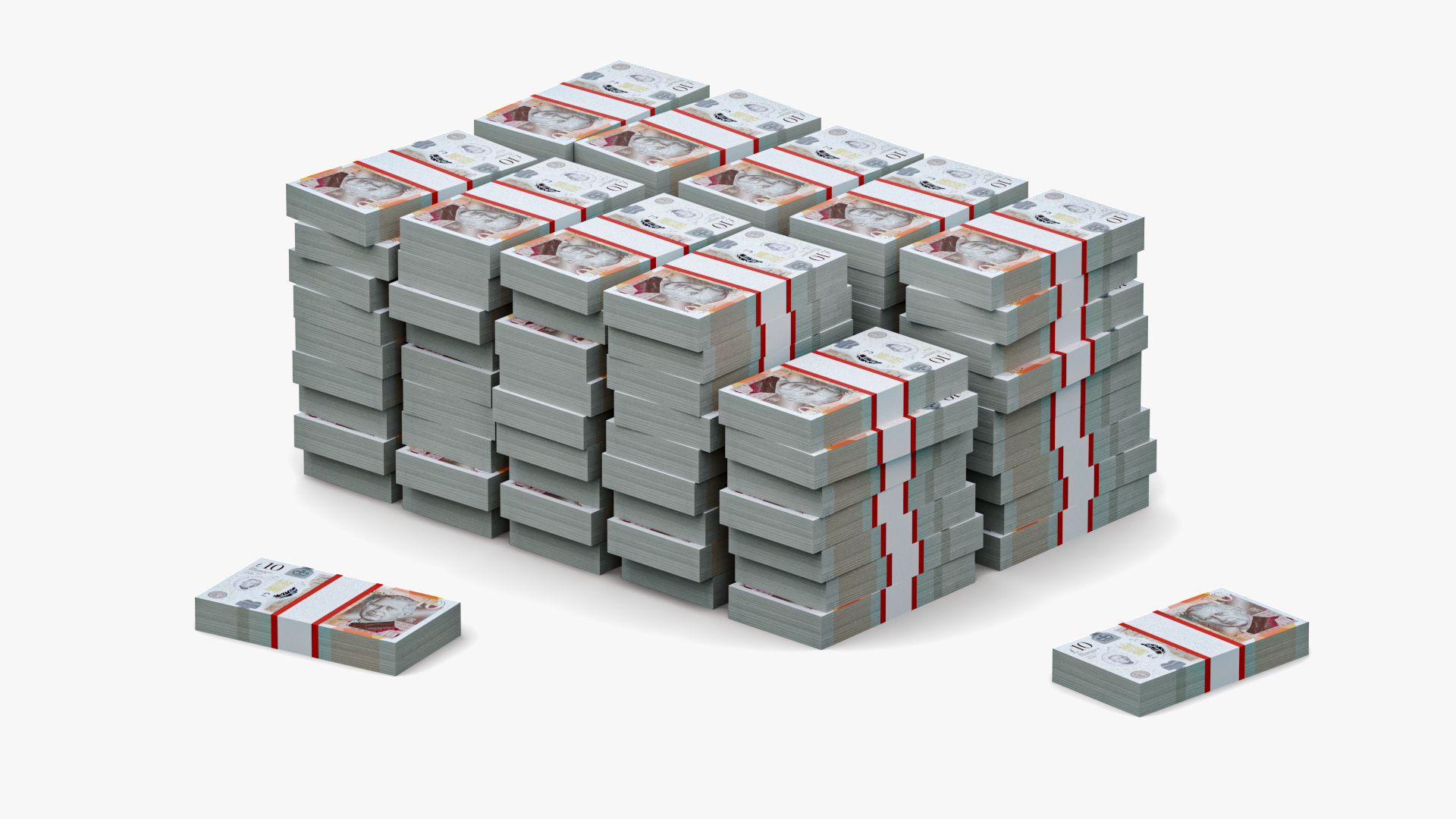 Stacked UK 10 Pounds Currency Bundles 3D