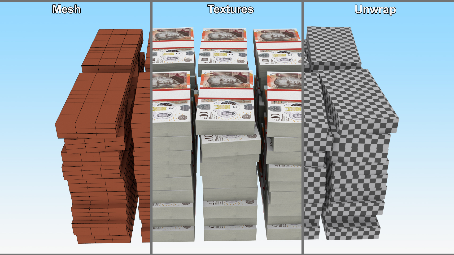 Stacked UK 10 Pounds Currency Bundles 3D