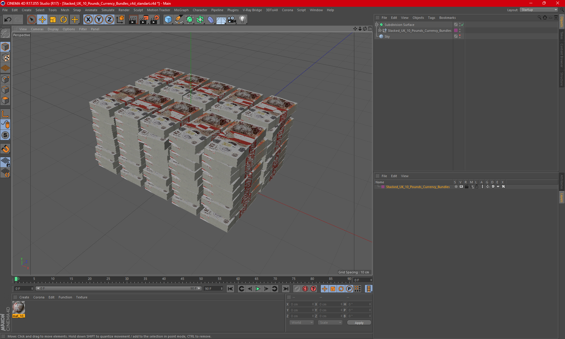 Stacked UK 10 Pounds Currency Bundles 3D