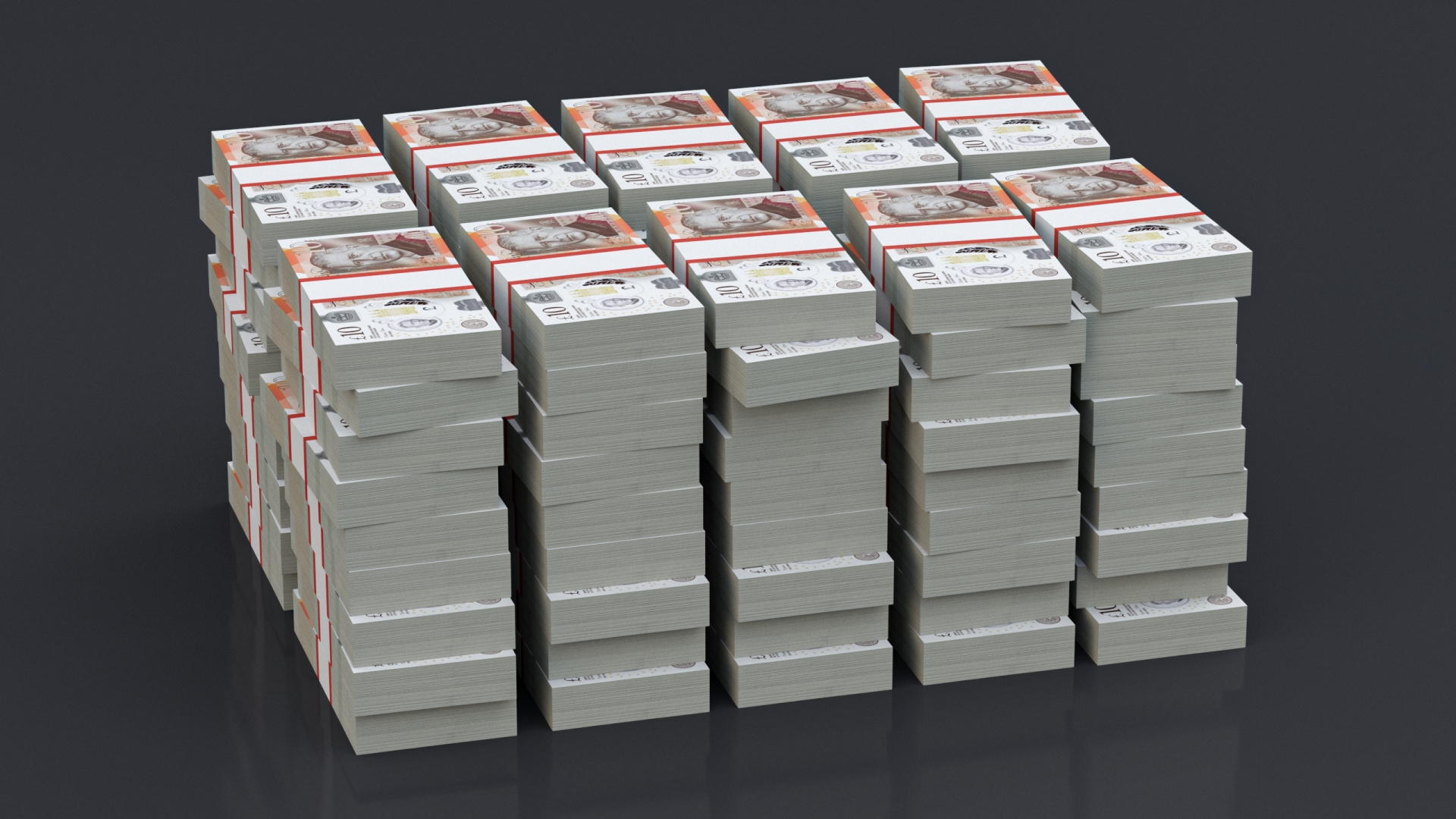 Stacked UK 10 Pounds Currency Bundles 3D