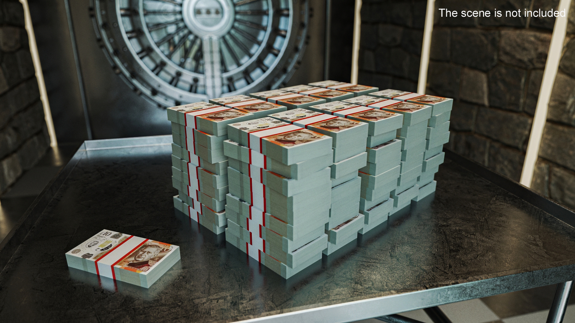 Stacked UK 10 Pounds Currency Bundles 3D