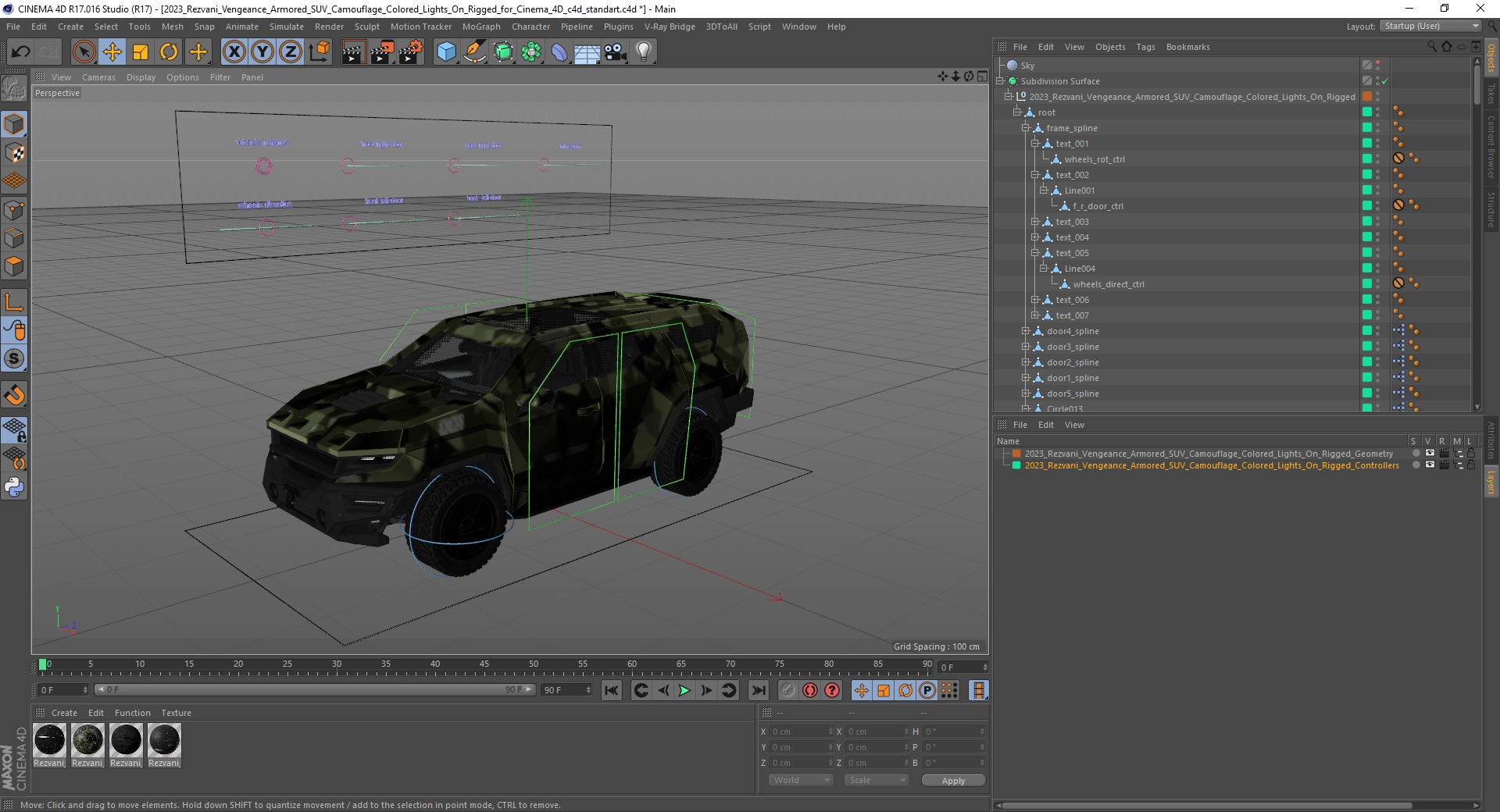 2023 Rezvani Vengeance Armored SUV Camouflage Colored Lights On Rigged for Cinema 4D 3D model
