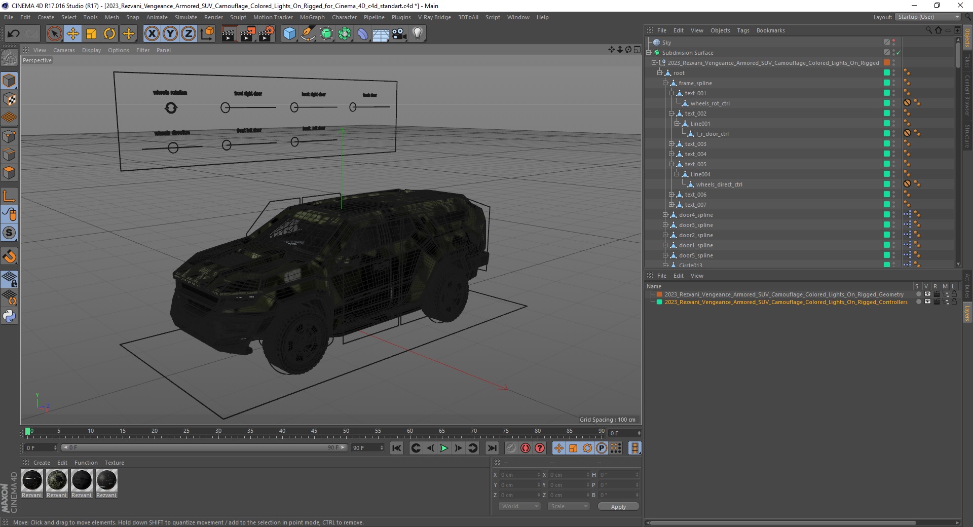 2023 Rezvani Vengeance Armored SUV Camouflage Colored Lights On Rigged for Cinema 4D 3D model
