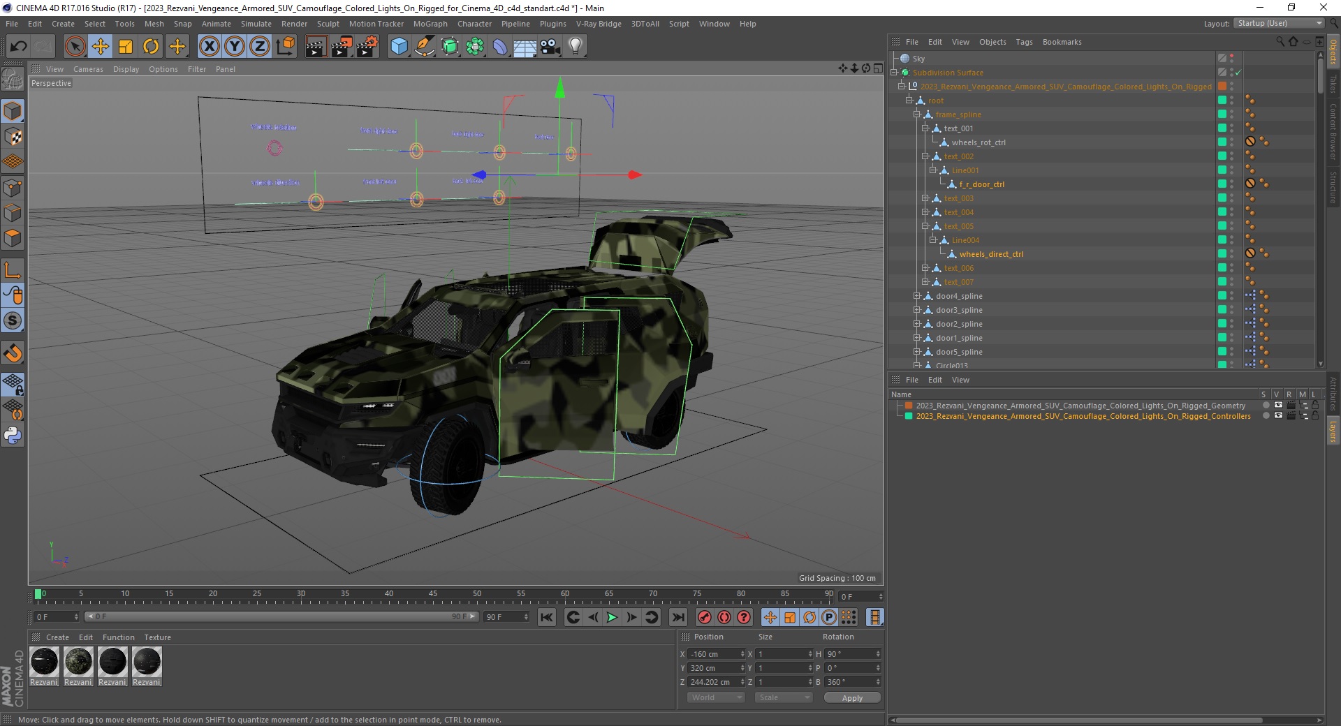 2023 Rezvani Vengeance Armored SUV Camouflage Colored Lights On Rigged for Cinema 4D 3D model