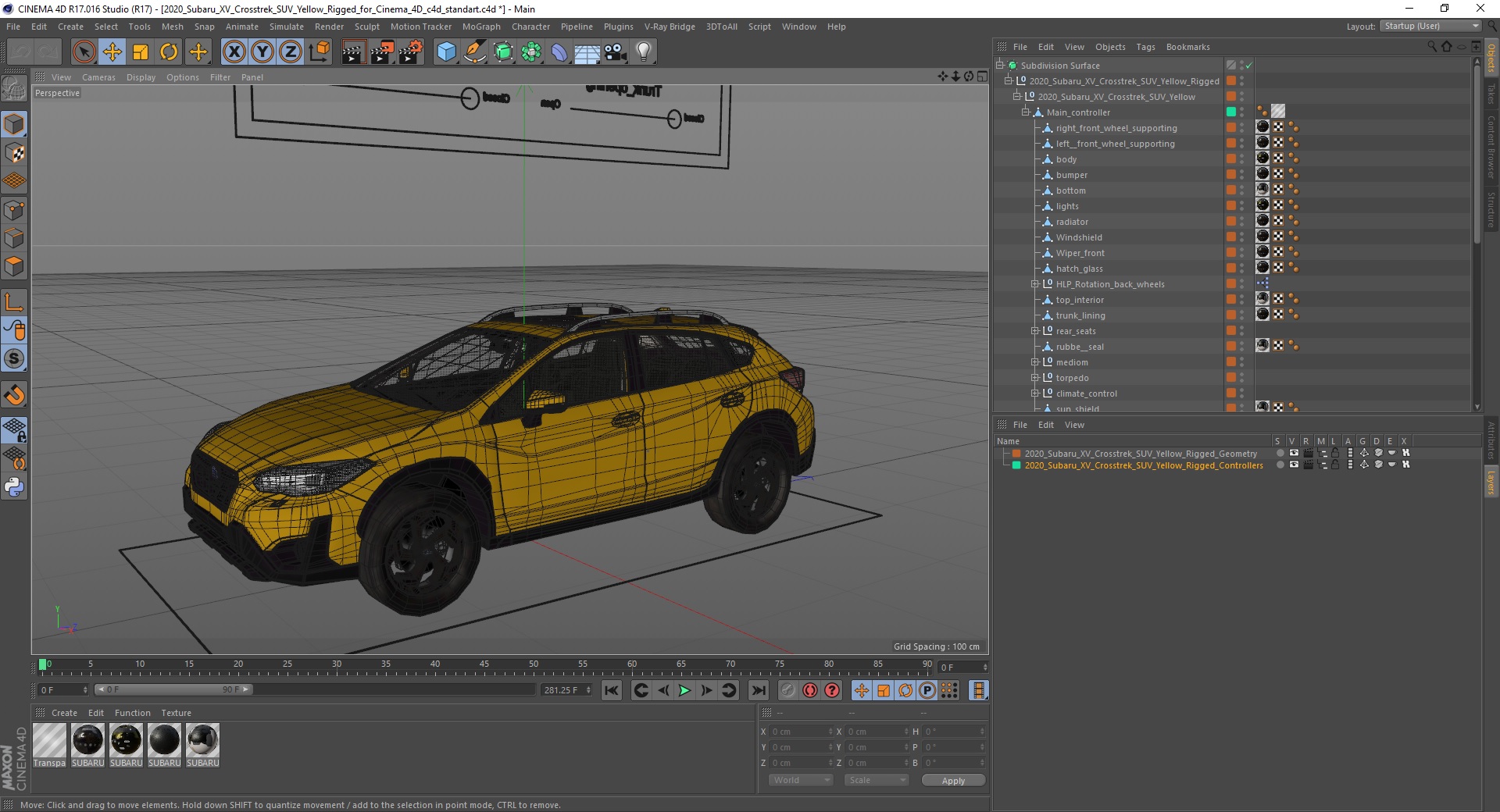 3D 2020 Subaru XV Crosstrek SUV Yellow Rigged for Cinema 4D