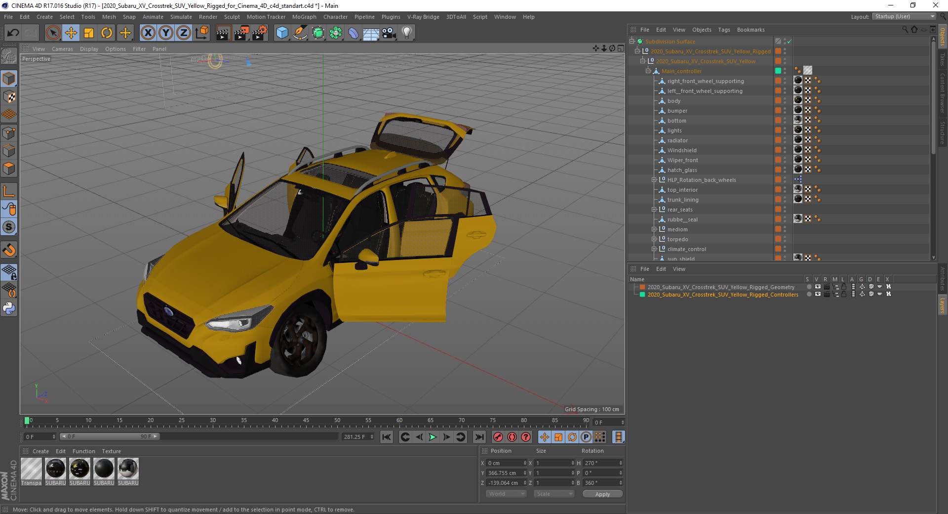 3D 2020 Subaru XV Crosstrek SUV Yellow Rigged for Cinema 4D