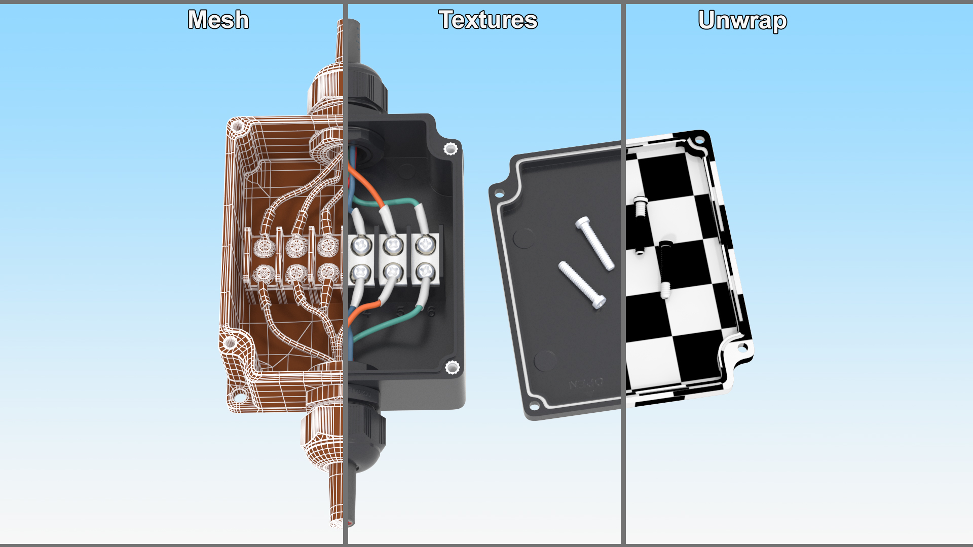 3D Black Junction Box with 2 Wires