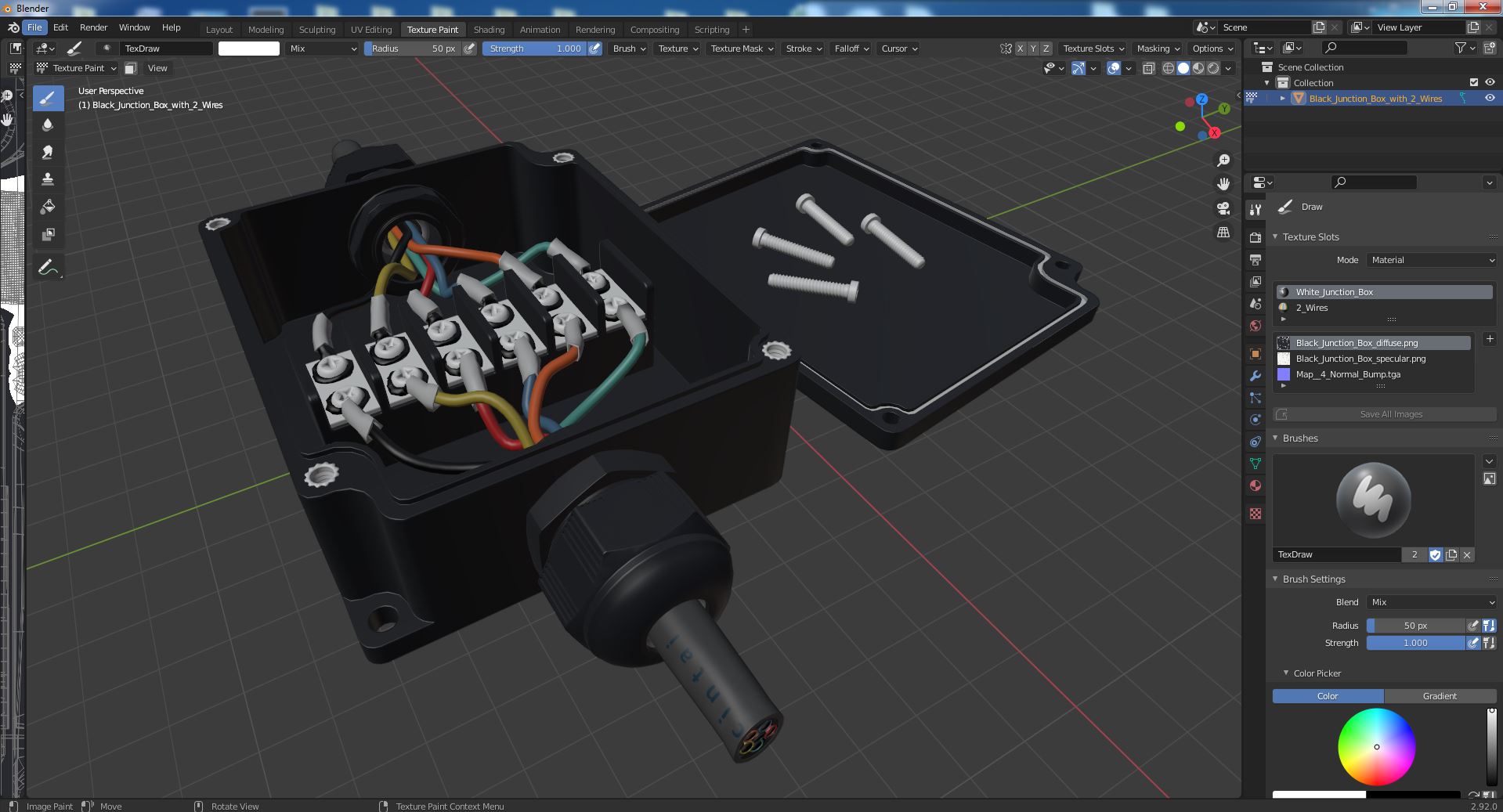 3D Black Junction Box with 2 Wires