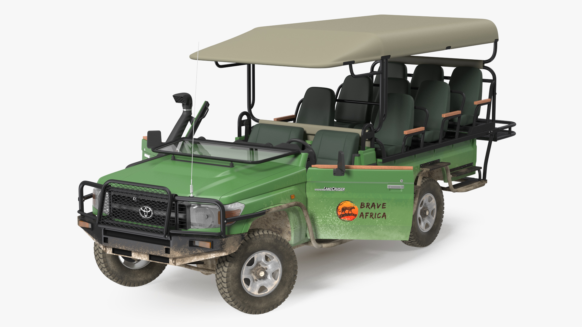 3D Toyota Land Cruiser Safari Open Sided Green Dirty Rigged
