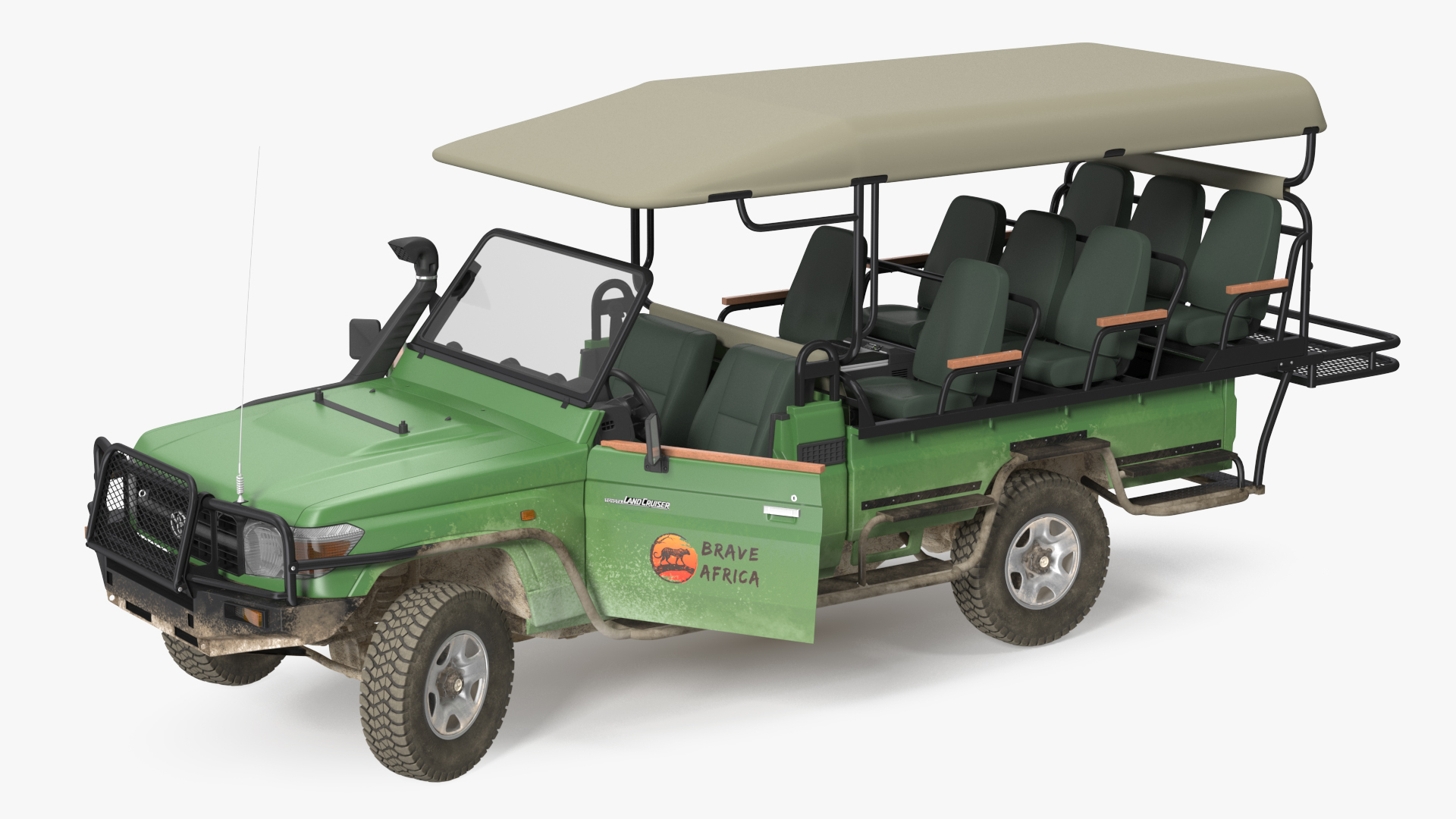 3D Toyota Land Cruiser Safari Open Sided Green Dirty Rigged