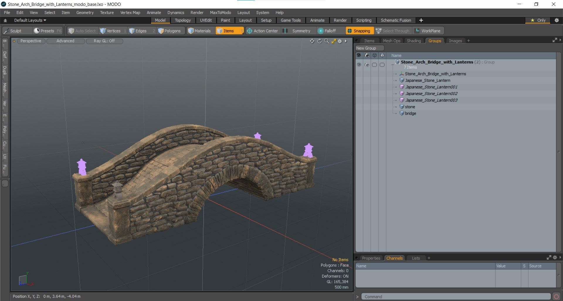 3D Stone Arch Bridge with Lanterns