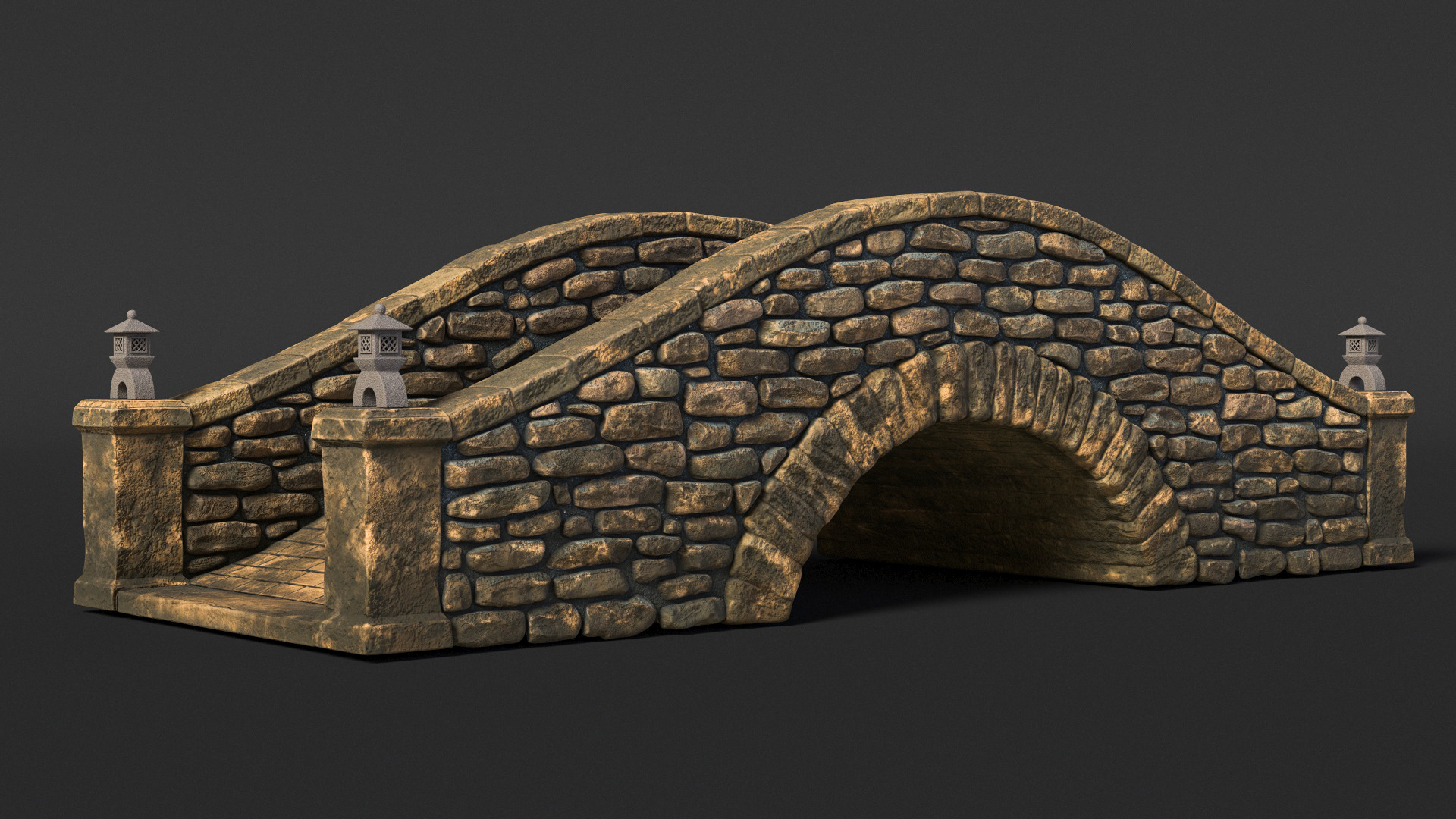 3D Stone Arch Bridge with Lanterns