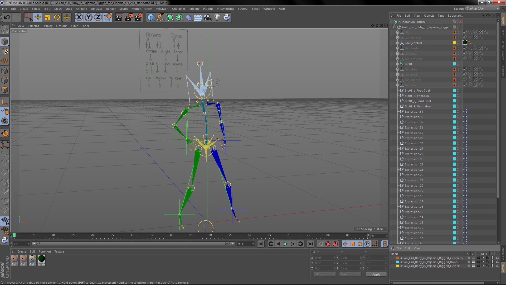 Asian Girl Baby in Pajamas Rigged for Cinema 4D 3D