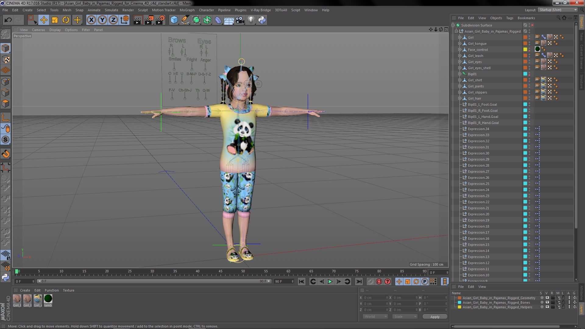 Asian Girl Baby in Pajamas Rigged for Cinema 4D 3D