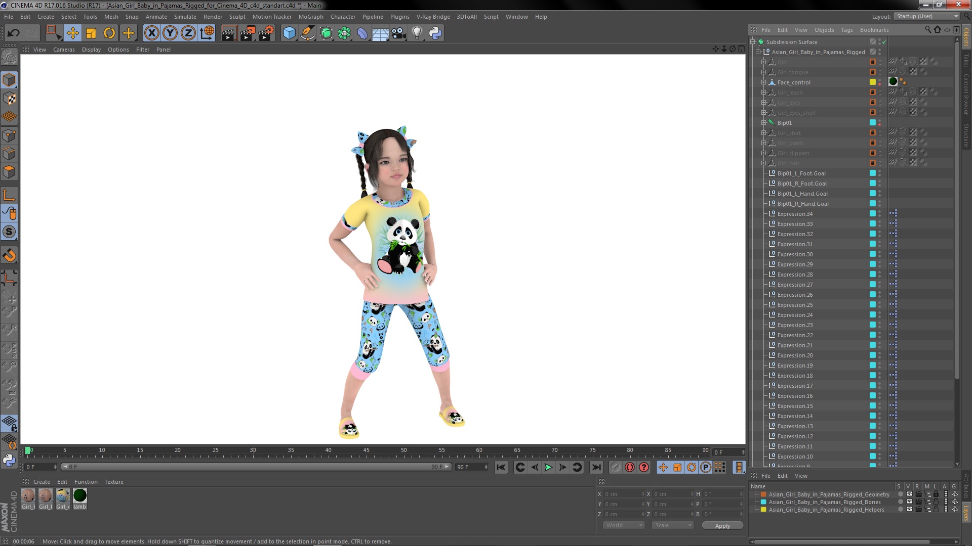 Asian Girl Baby in Pajamas Rigged for Cinema 4D 3D