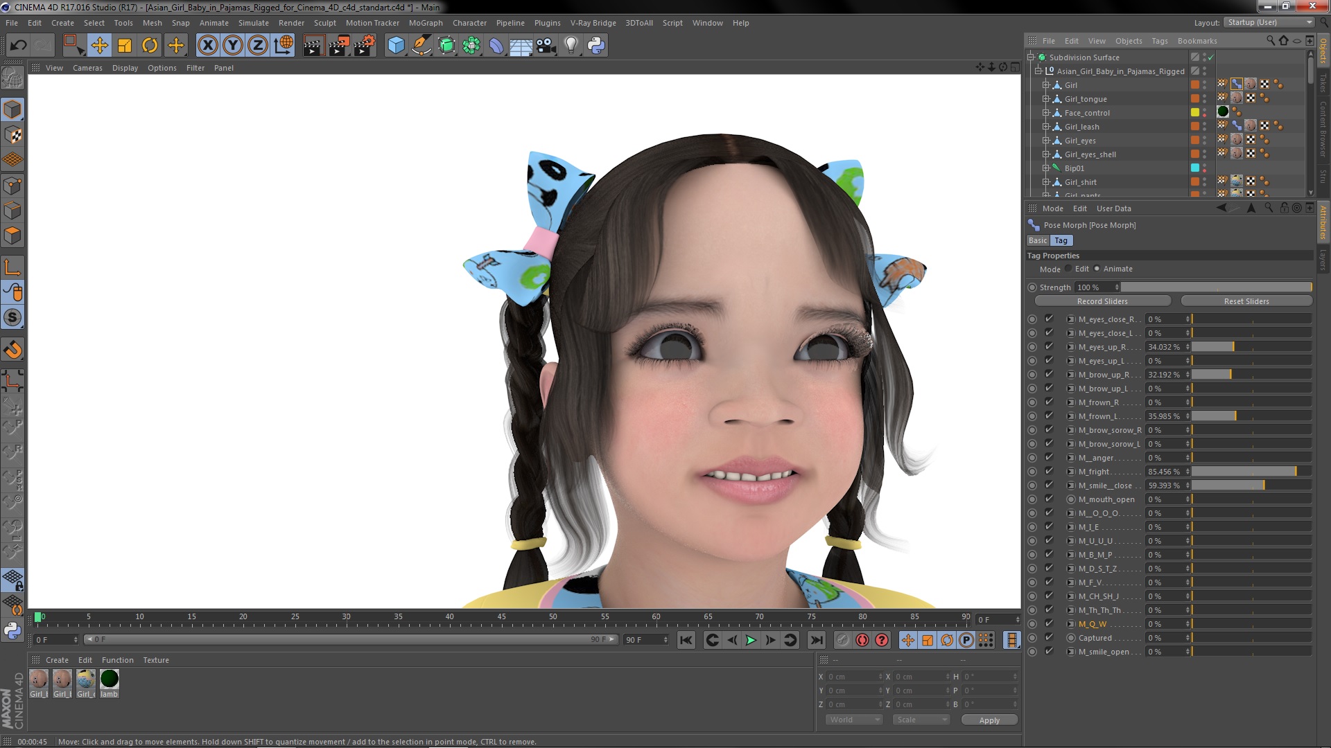 Asian Girl Baby in Pajamas Rigged for Cinema 4D 3D