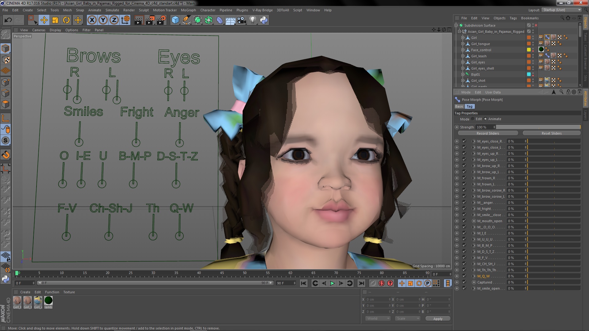 Asian Girl Baby in Pajamas Rigged for Cinema 4D 3D