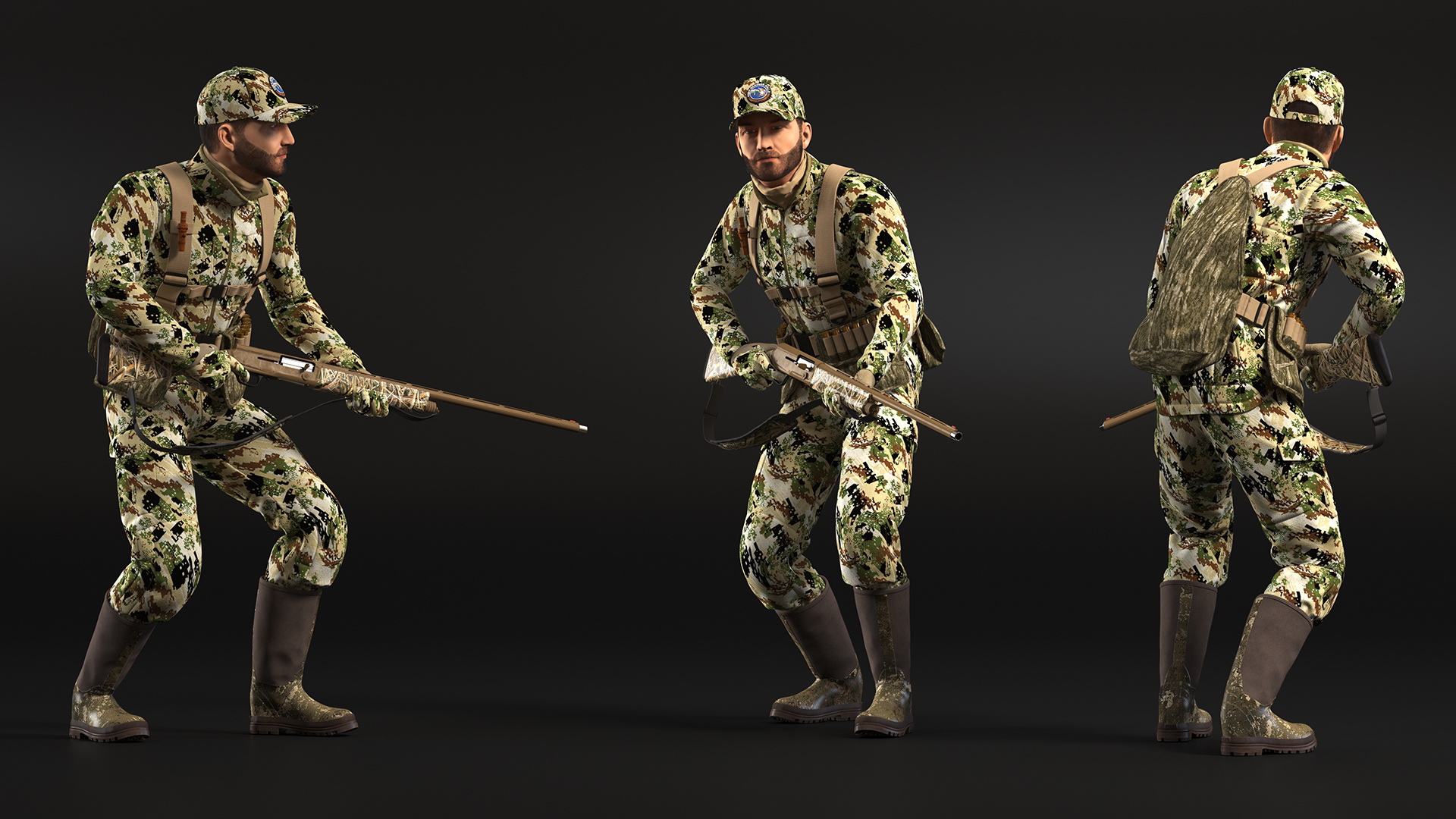 Modern Hunter in Forest Camo Fur Rigged 3D model