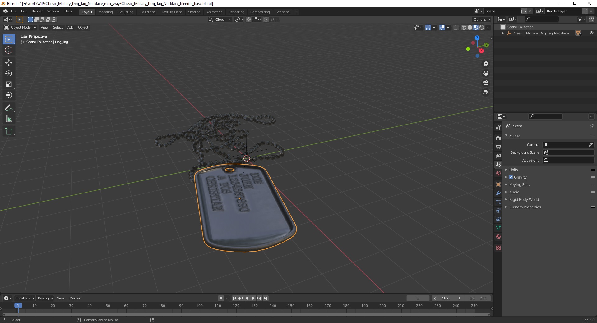 3D Classic Military Dog Tag Necklace model