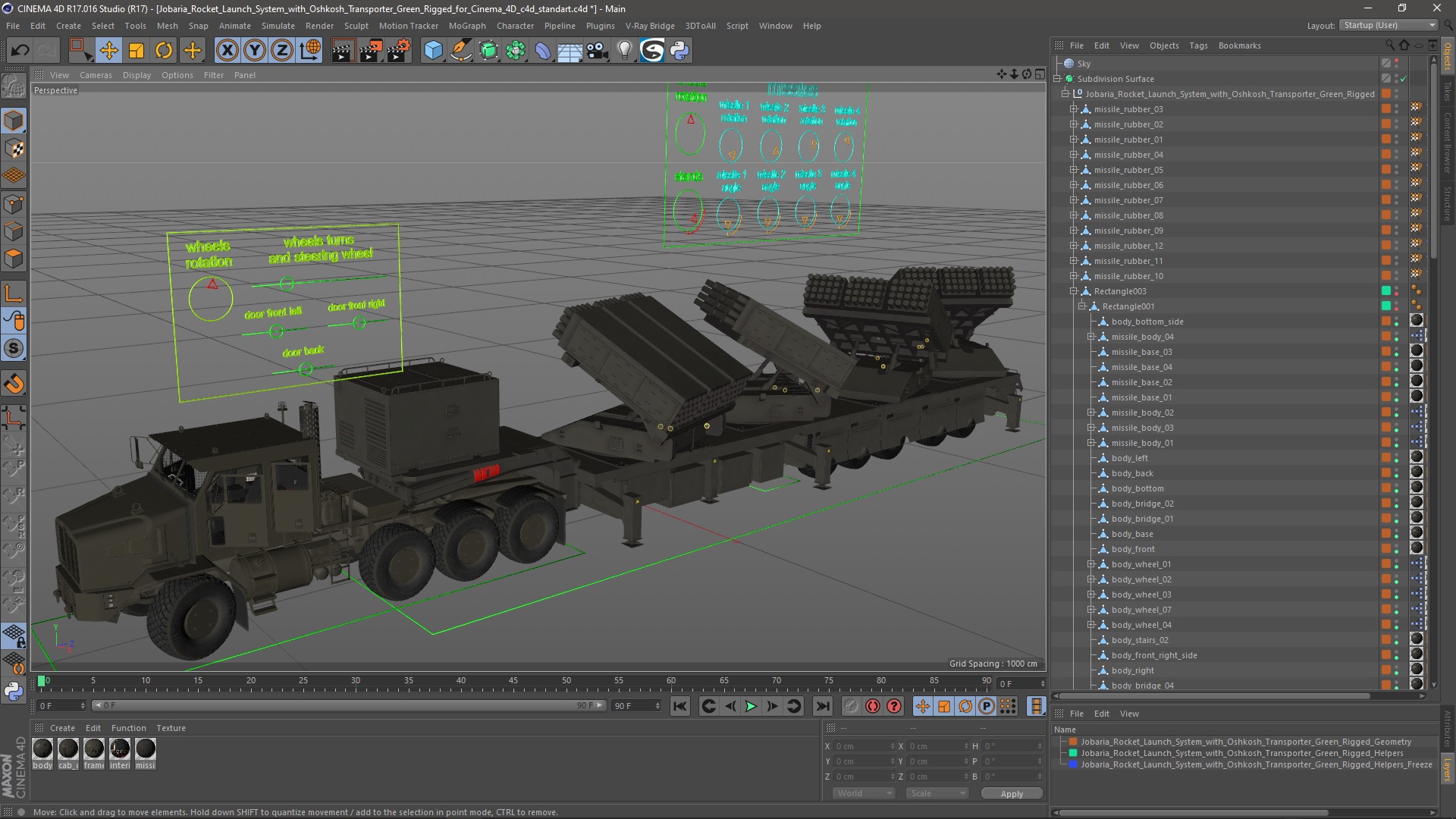 3D model Jobaria Rocket Launch System with Oshkosh Transporter Green Rigged for Cinema 4D