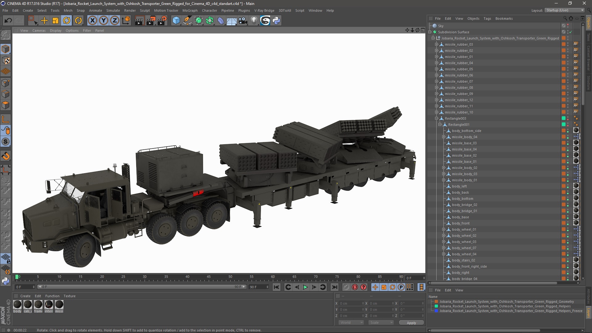3D model Jobaria Rocket Launch System with Oshkosh Transporter Green Rigged for Cinema 4D