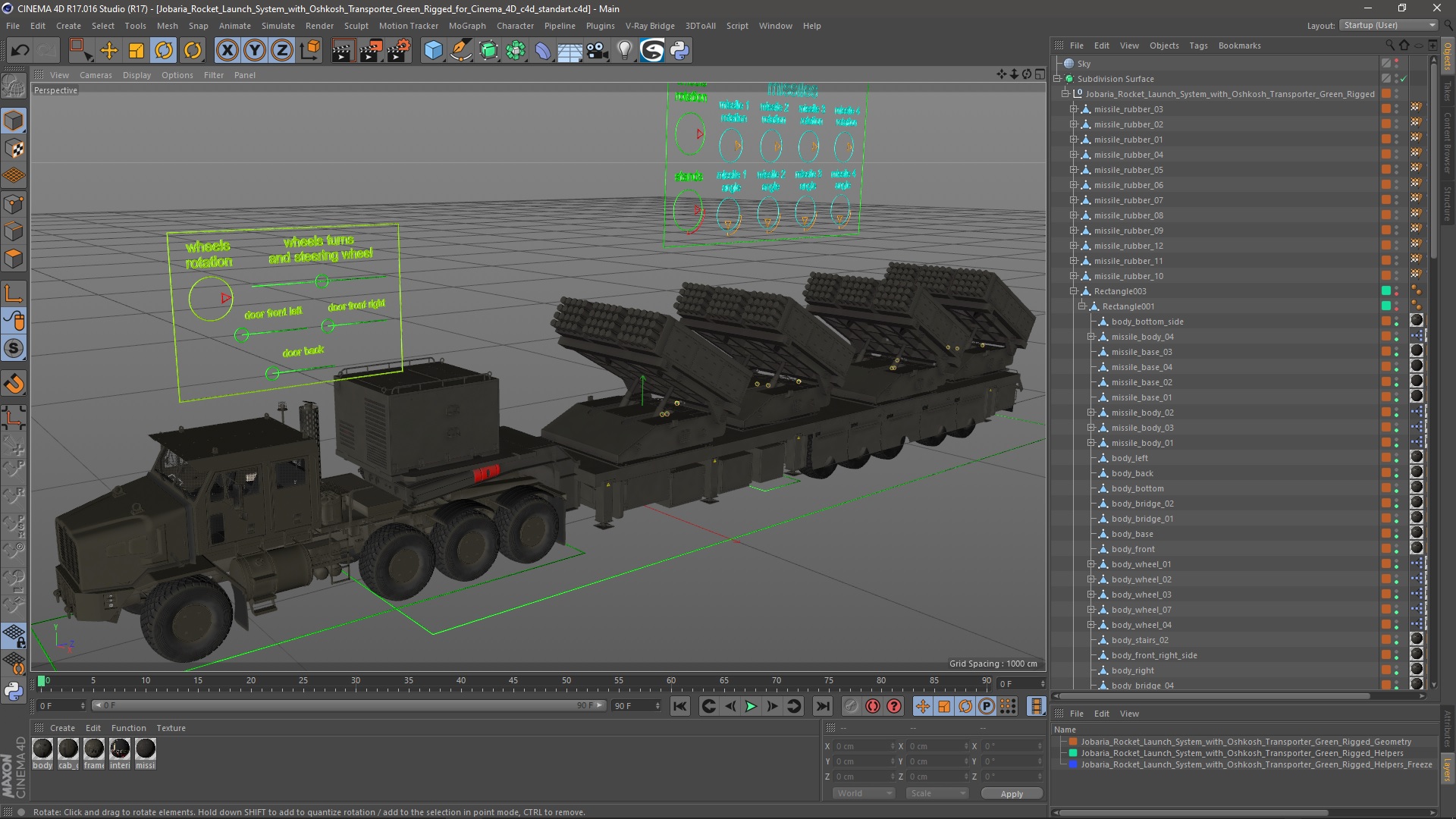 3D model Jobaria Rocket Launch System with Oshkosh Transporter Green Rigged for Cinema 4D