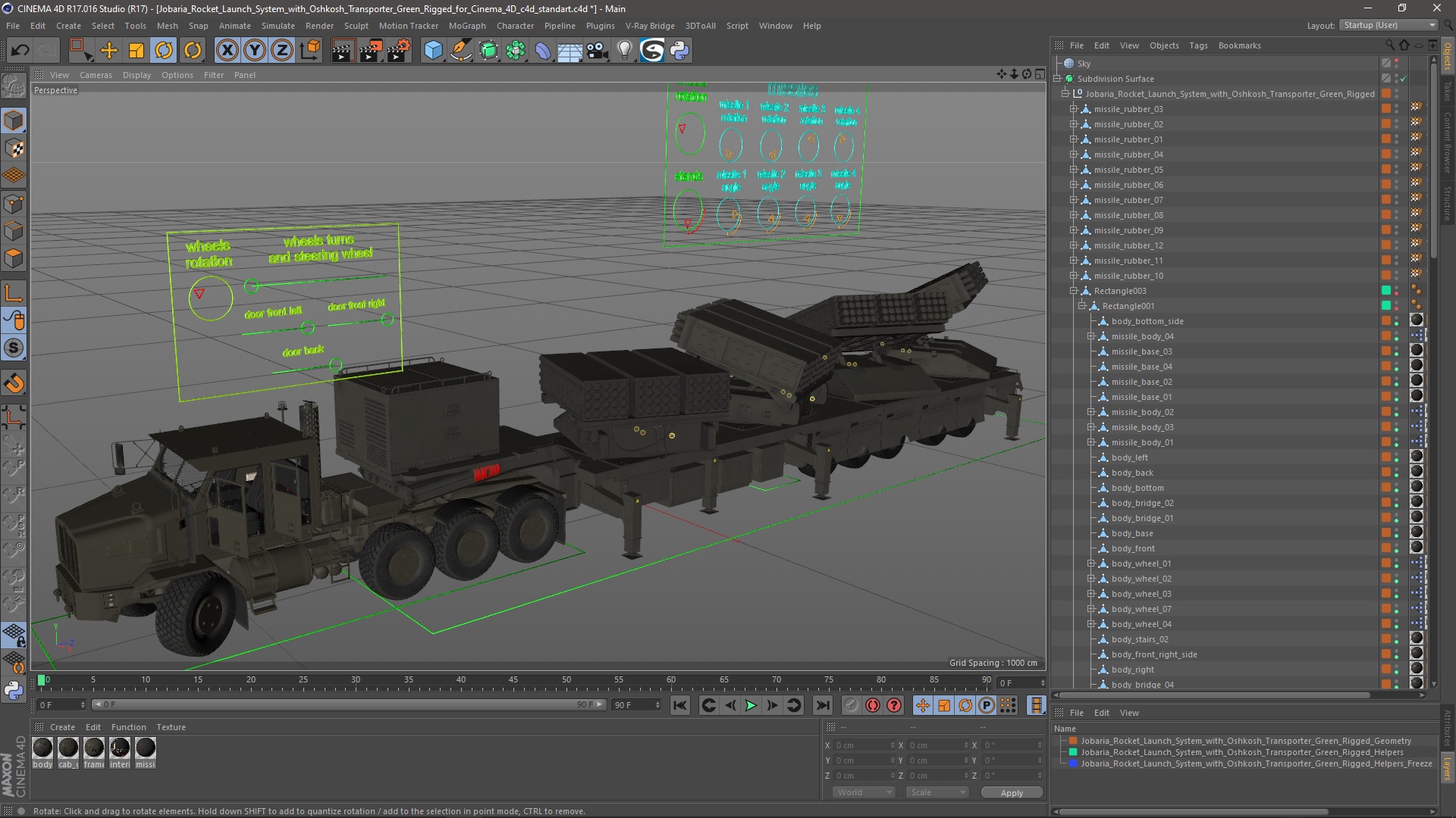 3D model Jobaria Rocket Launch System with Oshkosh Transporter Green Rigged for Cinema 4D