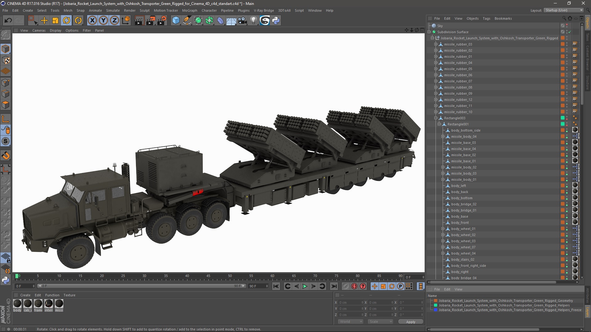 3D model Jobaria Rocket Launch System with Oshkosh Transporter Green Rigged for Cinema 4D