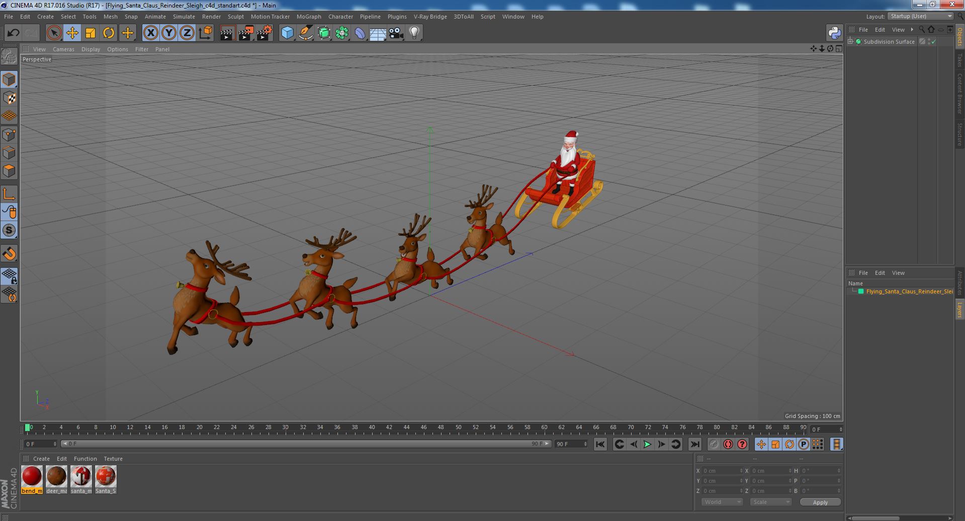 Flying Santa Claus Reindeer Sleigh 3D model