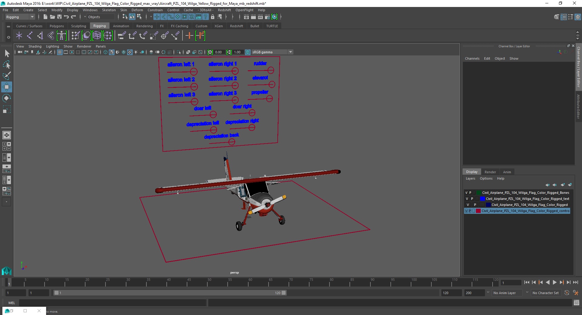 3D model Civil Airplane PZL 104 Wilga Flag Color Rigged for Maya