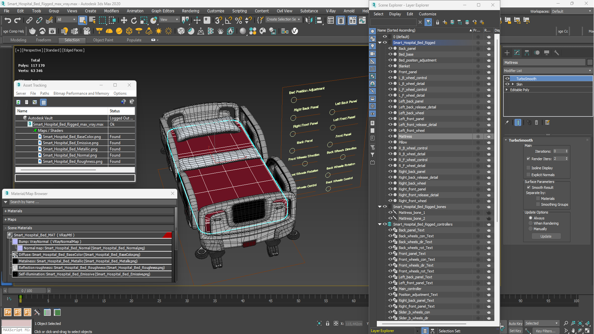 Smart Hospital Bed Rigged for Maya 3D model