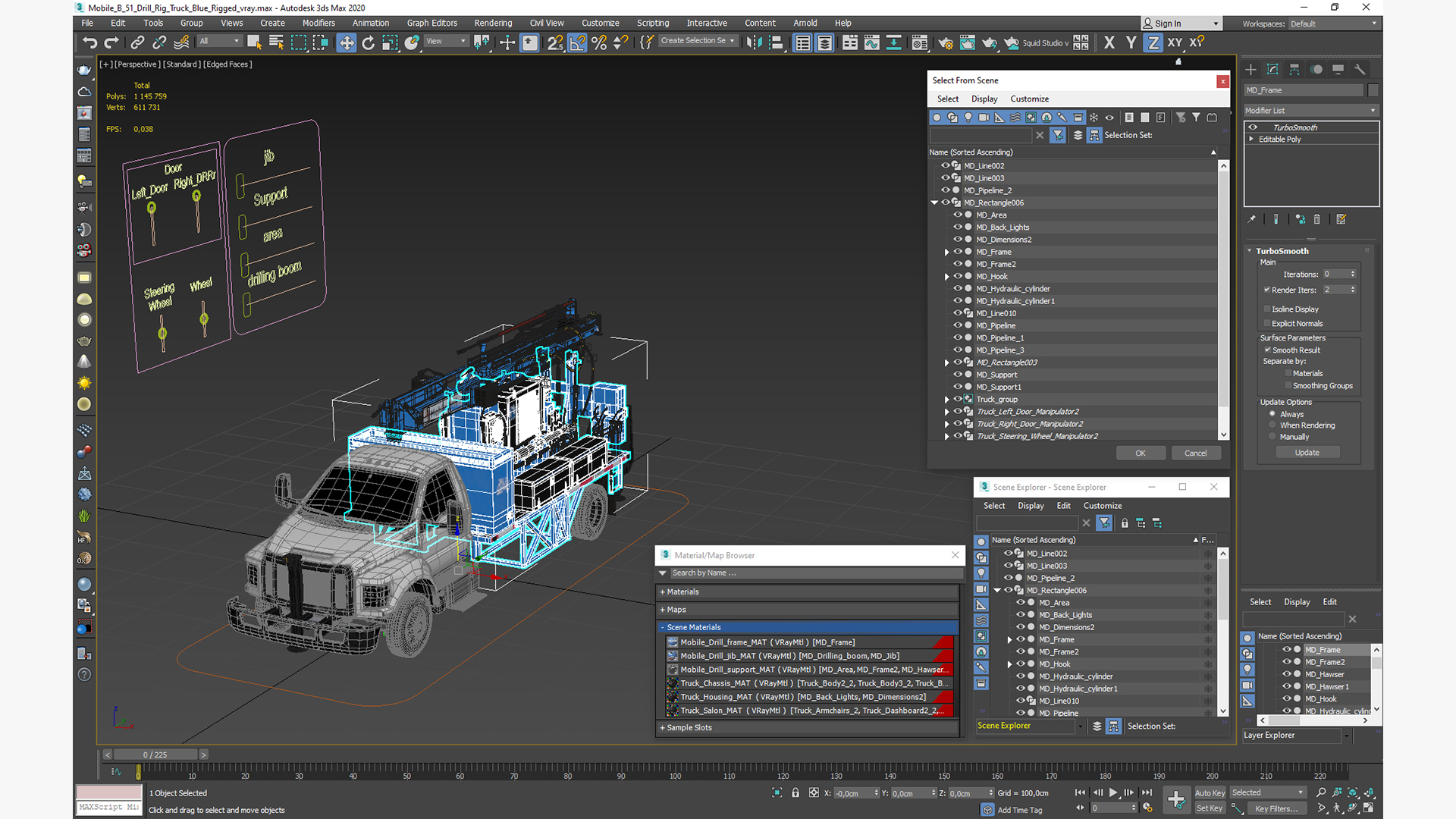 Mobile B-51 Drill Rig Truck Blue Rigged 3D model