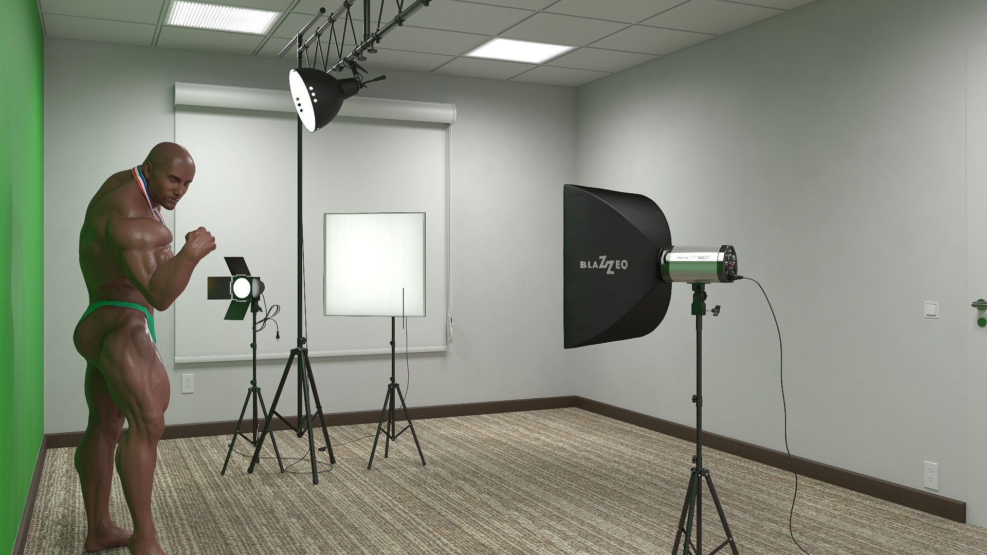 3D Bodybuilder Champion Posing in Studio Setup model