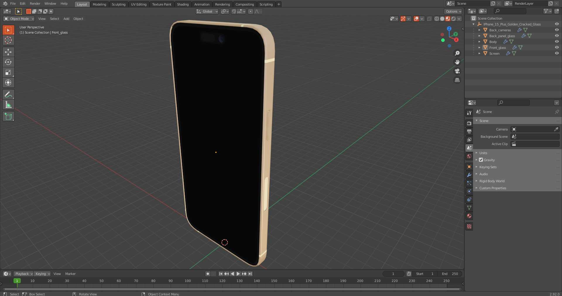 3D model IPhone 15 Plus Golden Cracked Glass