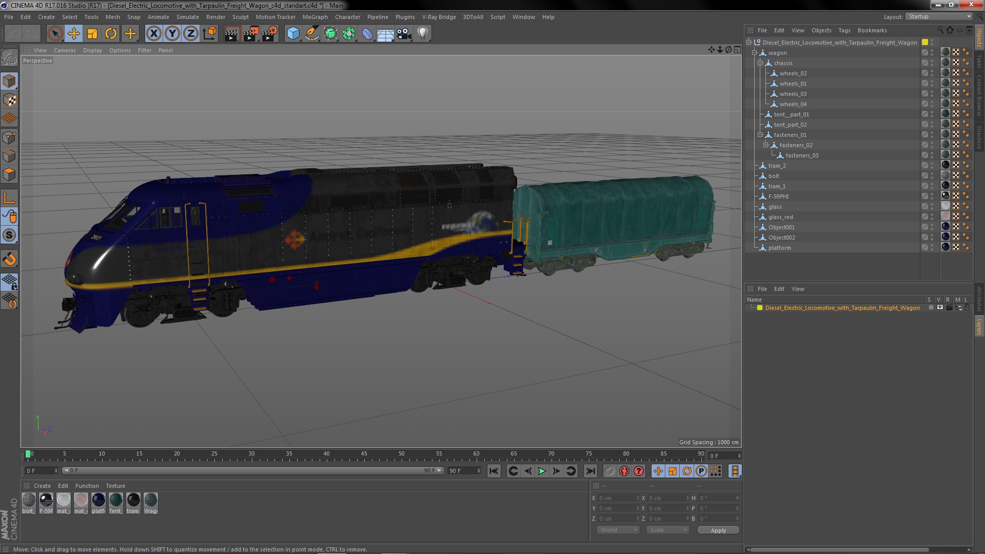 3D model Diesel Electric Locomotive with Tarpaulin Freight Wagon