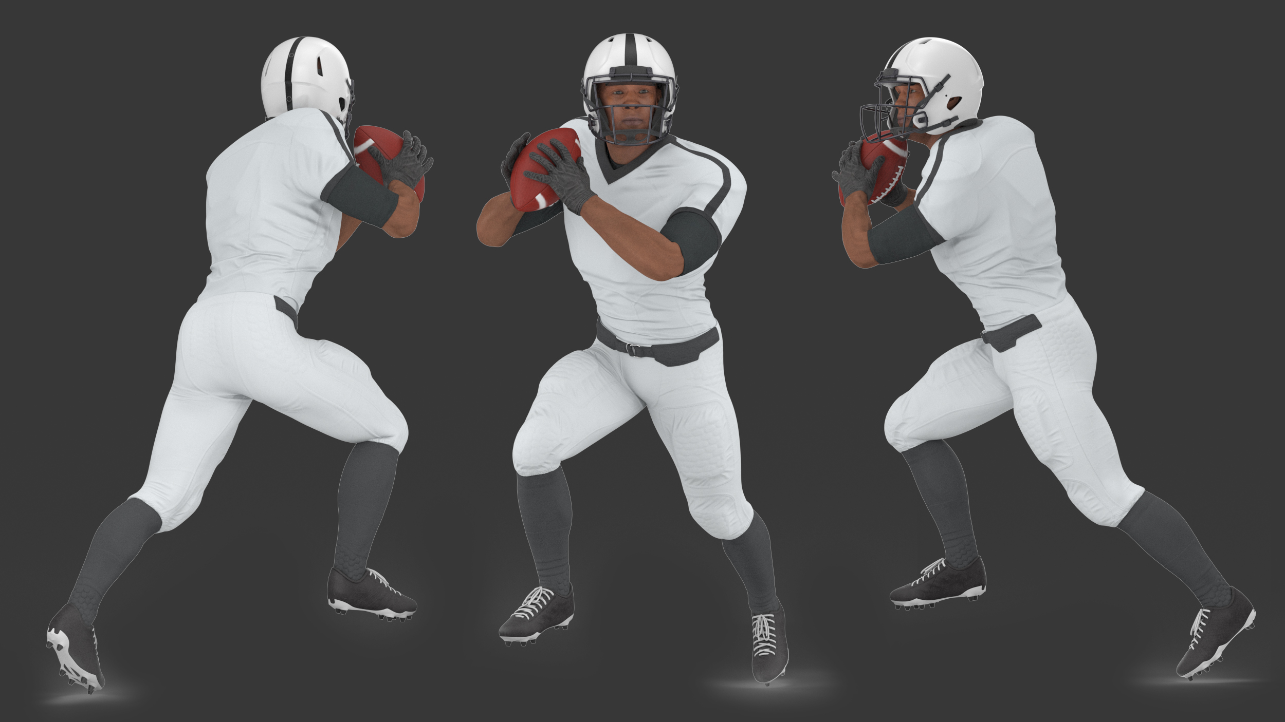 3D model Black Man American Football Player White Uniform Running The Ball