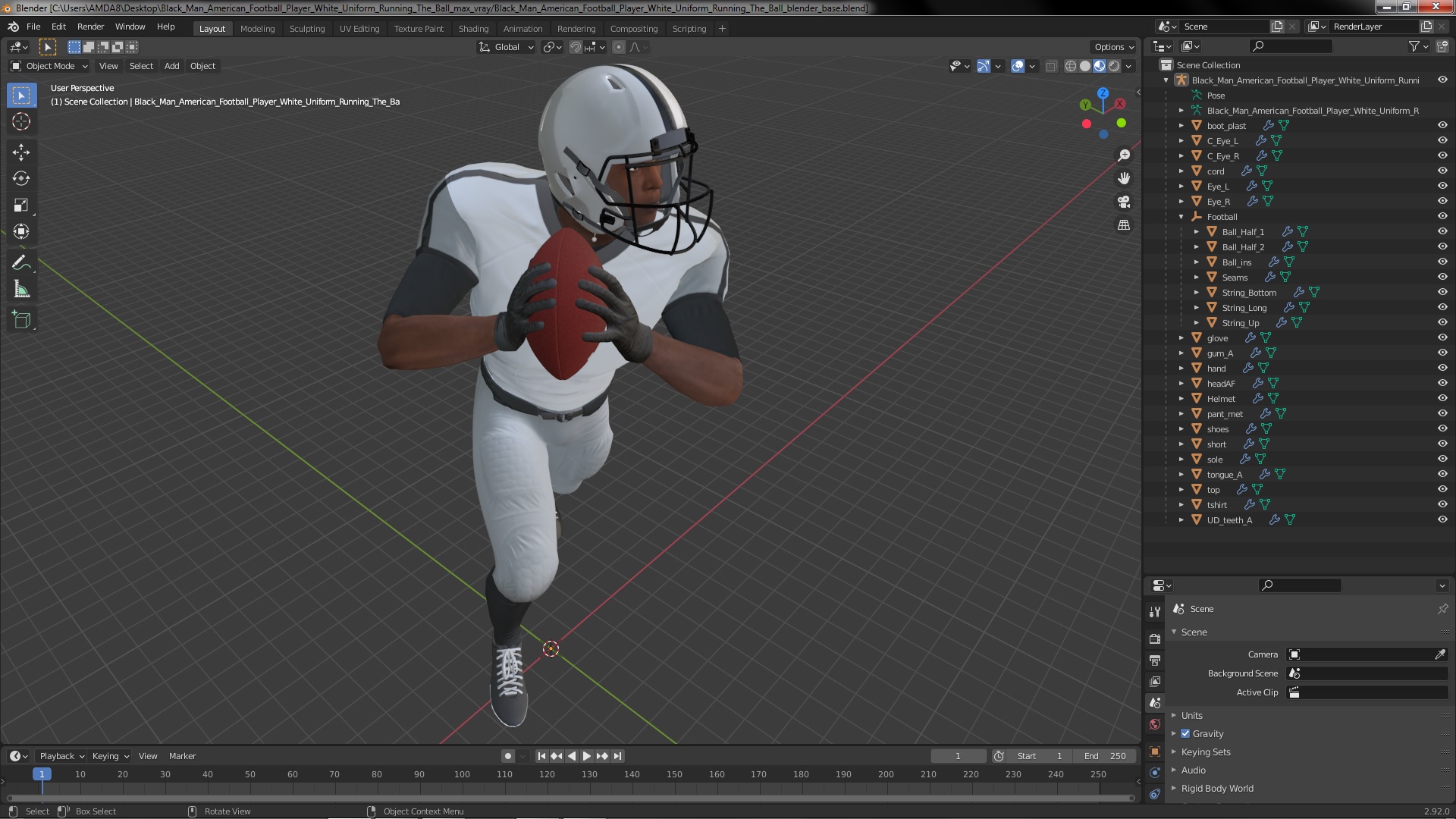 3D model Black Man American Football Player White Uniform Running The Ball