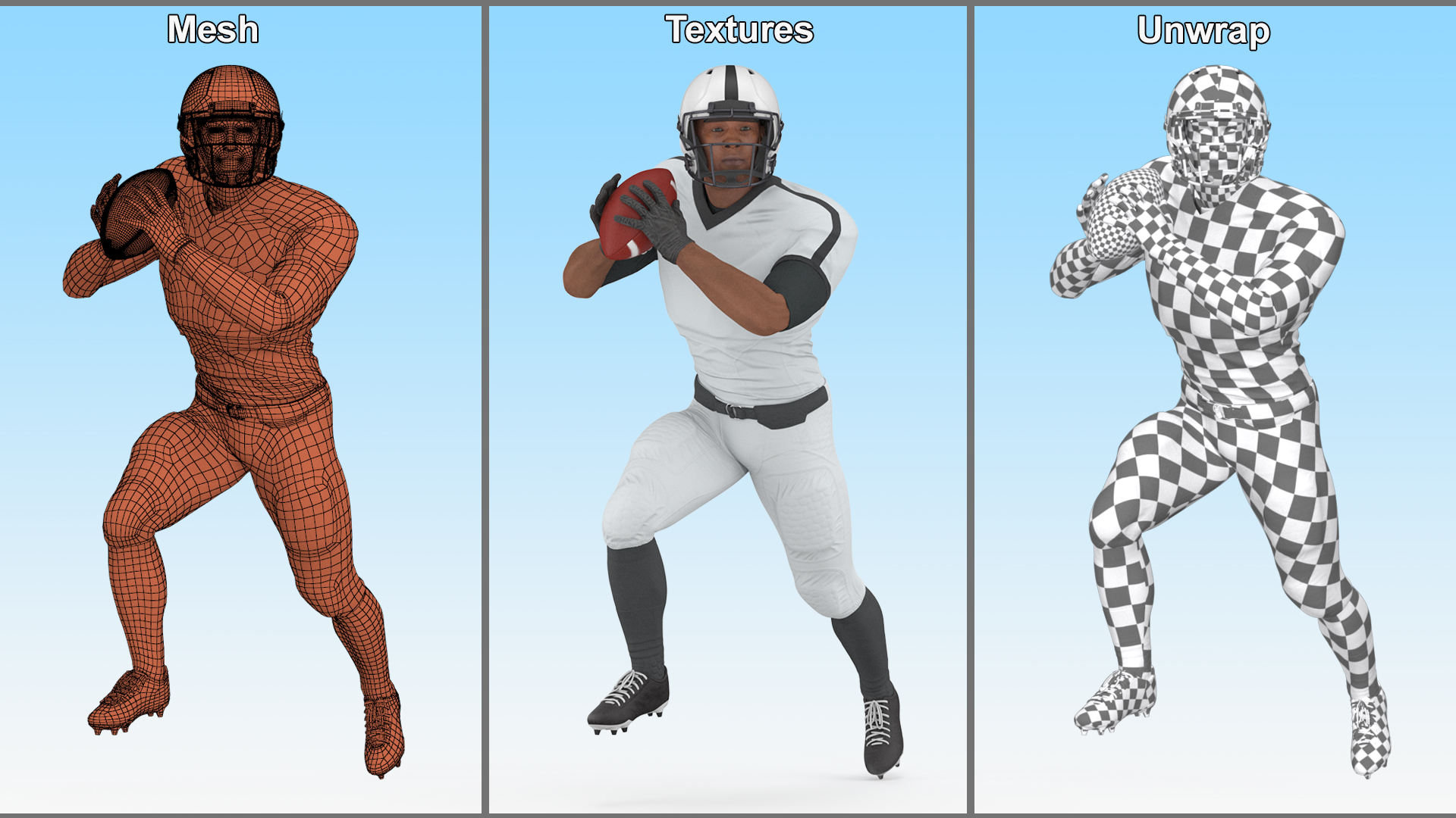 3D model Black Man American Football Player White Uniform Running The Ball