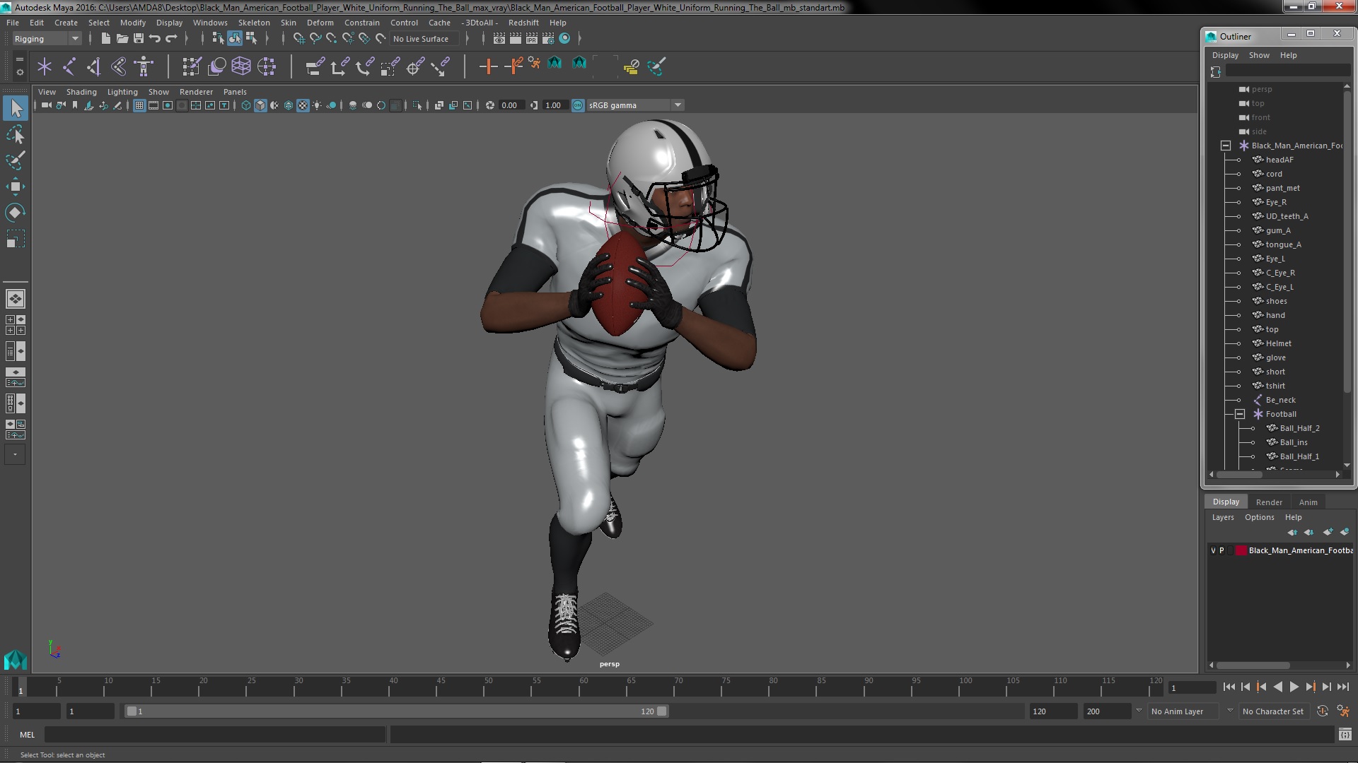 3D model Black Man American Football Player White Uniform Running The Ball