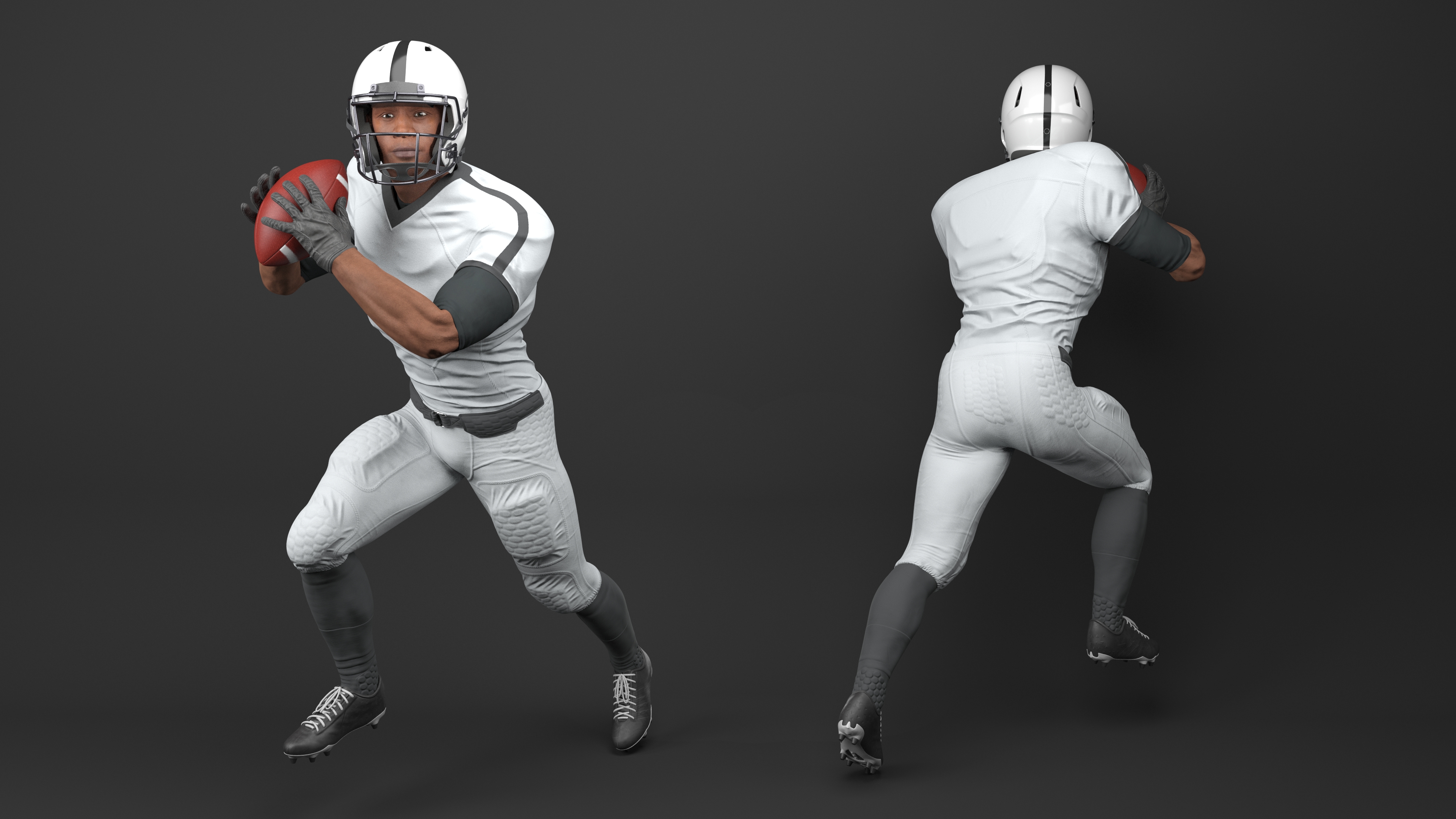 3D model Black Man American Football Player White Uniform Running The Ball