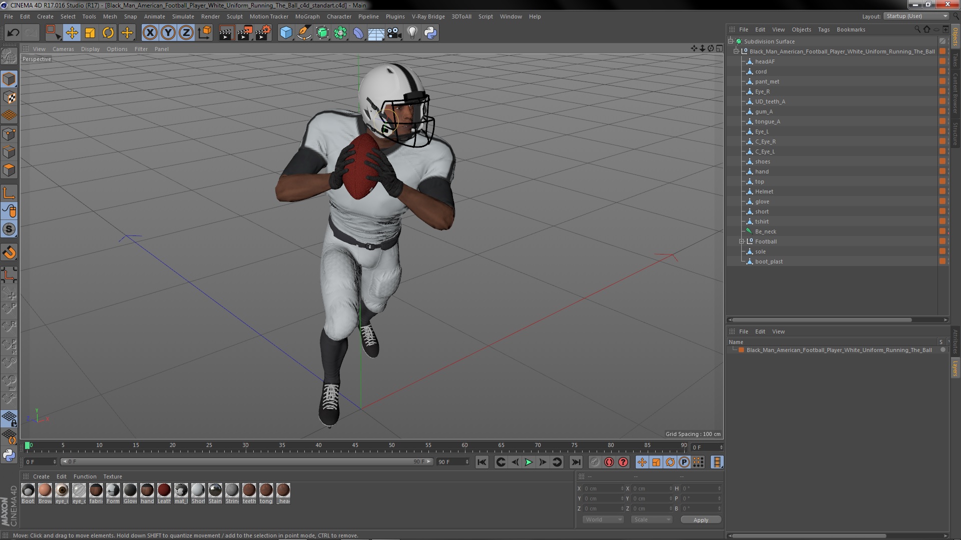 3D model Black Man American Football Player White Uniform Running The Ball