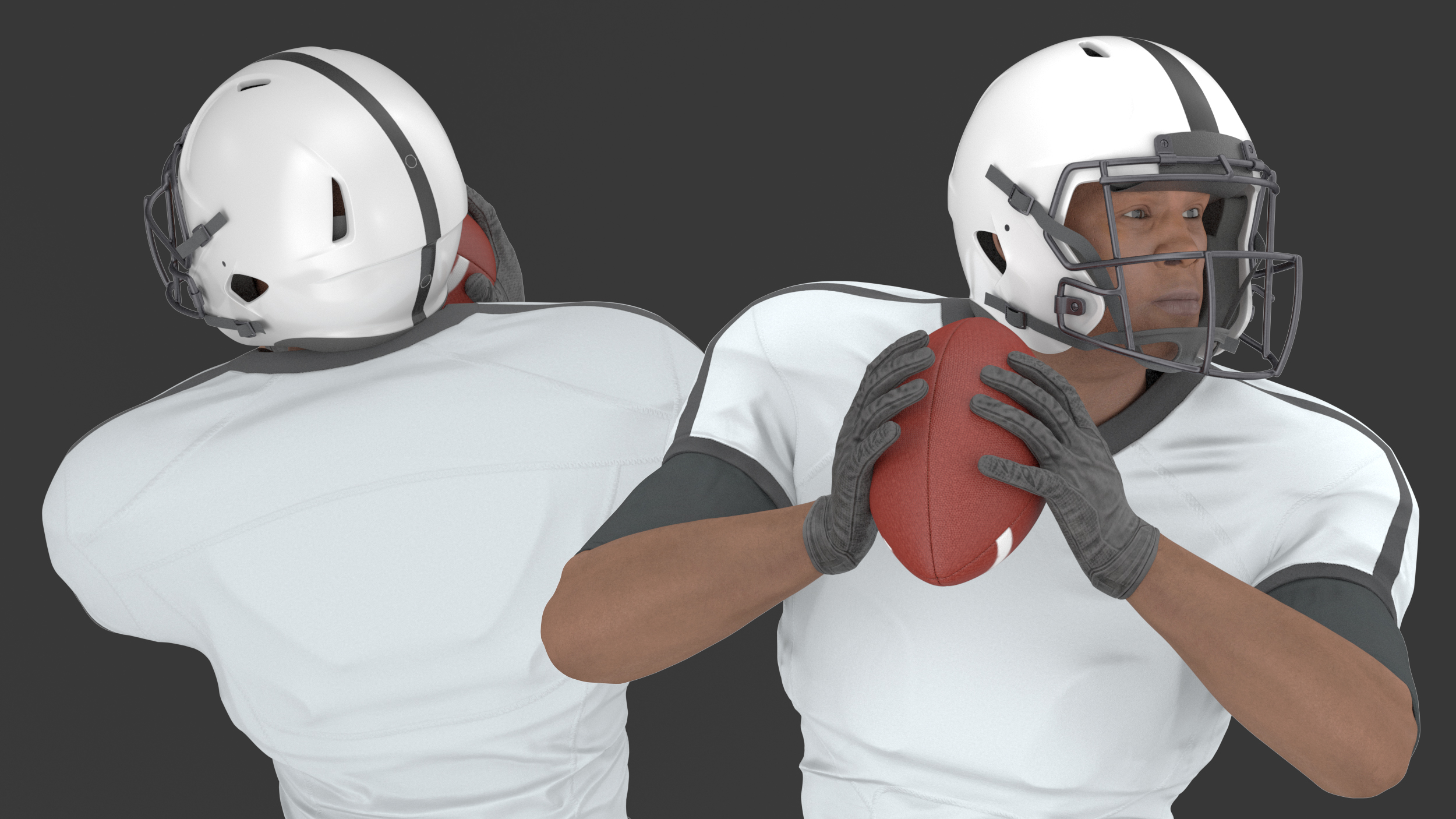 3D model Black Man American Football Player White Uniform Running The Ball