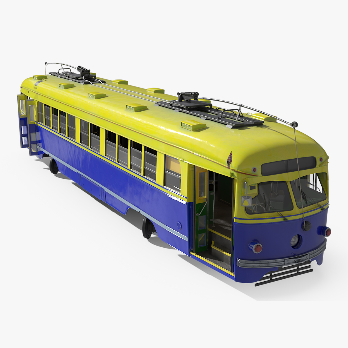 Old Tram Yellow Blue Rigged 3D